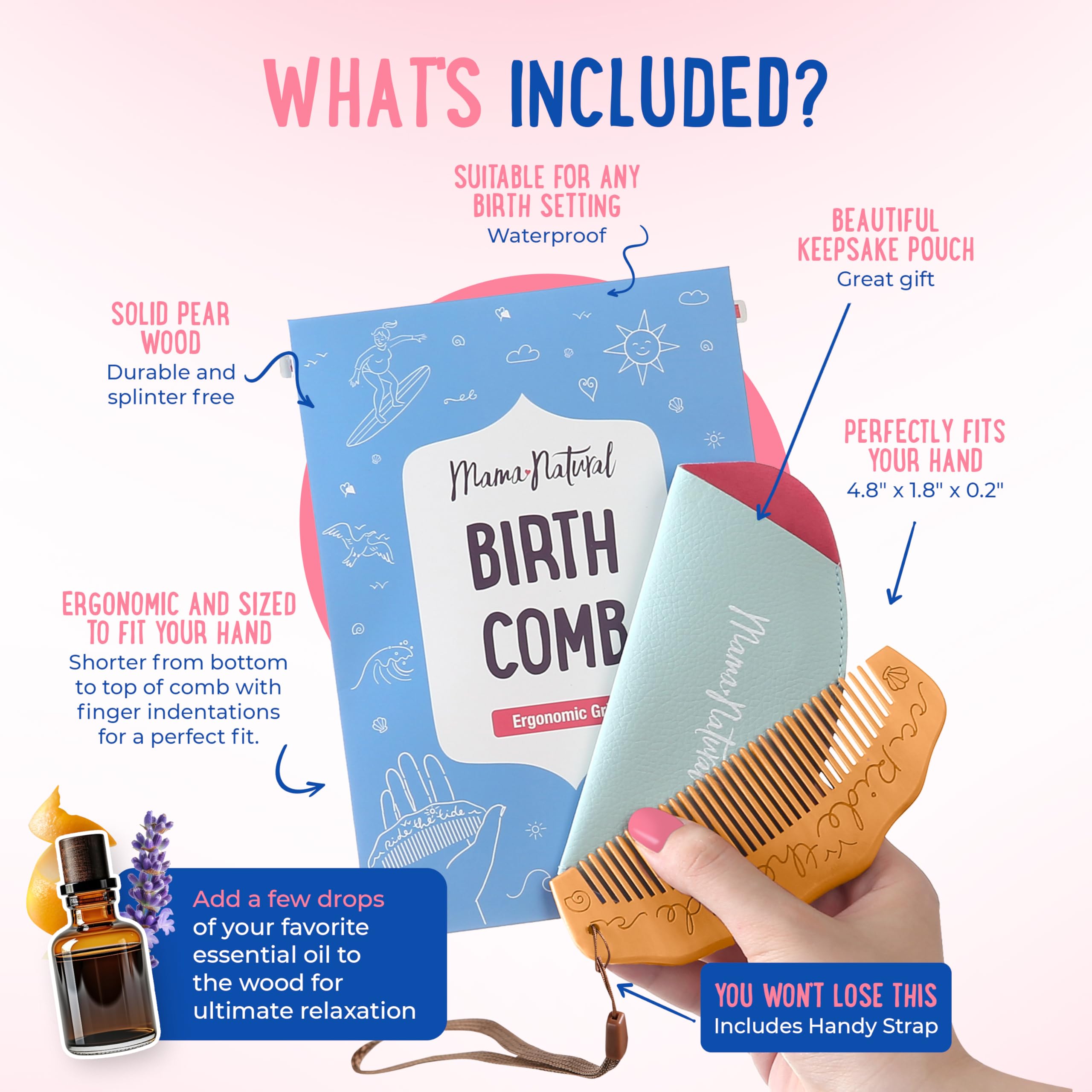 Mama Natural Tide - Peine de parto para el dolor de parto (1 pieza), peine de madera para mujeres, peine de trabajo de parto y artículos esenciales para el parto, peine de madera para embarazo, alivio