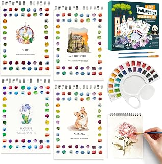 Watercolor Workbook 4 Pack, Water Coloring Book Set with 13 Pages Each, 26 Colors Paint Set with Brush, Water Cup & Palette, Flower, Bird, Architecture & Animal Themes for Adults