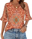 Womens Tops Casual V Neck Shirts Floral Solid Blouse Ruffle Tunics 3&sol;4 Sleeve Tshirt S-XXL