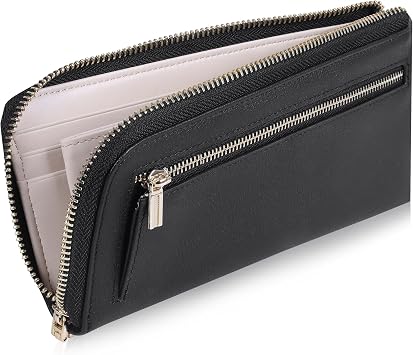 VISOUL Womens Leather Long Zip Around Clutch Wallet with Coin Pocket 12 Card Slots, Slim Thin RFID Blocking Cash Wallets for Women Large Capacity Organizer Black and Ivory