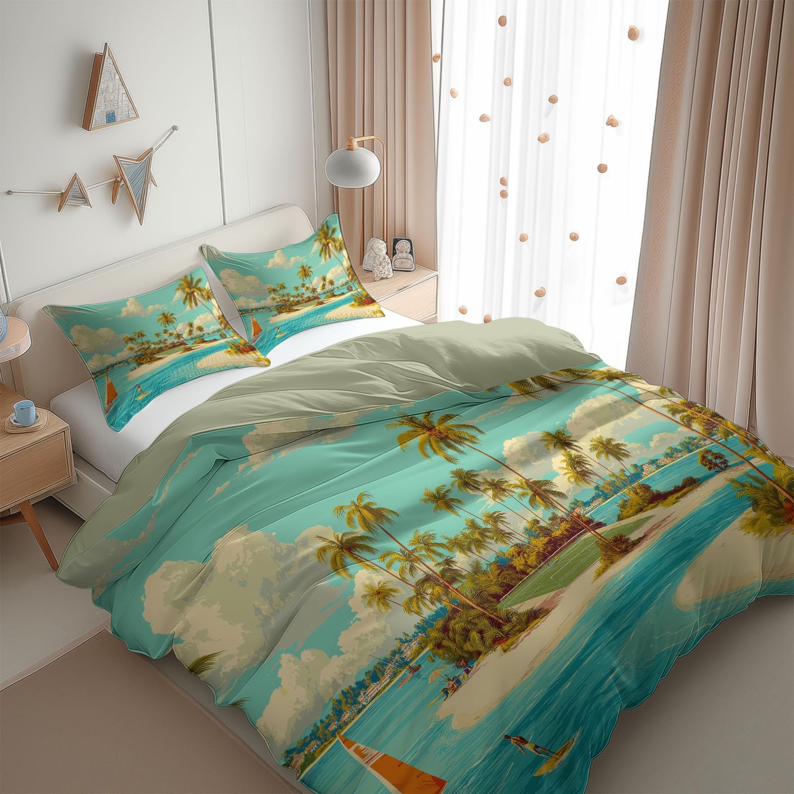 Zielony komplet pościeli 220 x 240 cm, tropikalna wyspa, palma, pościel 3D, poliester, bawełna, miękka, dwustronna pościel z zamkiem błyskawicznym, zestaw pościeli pojedynczej, podwójne łóżko