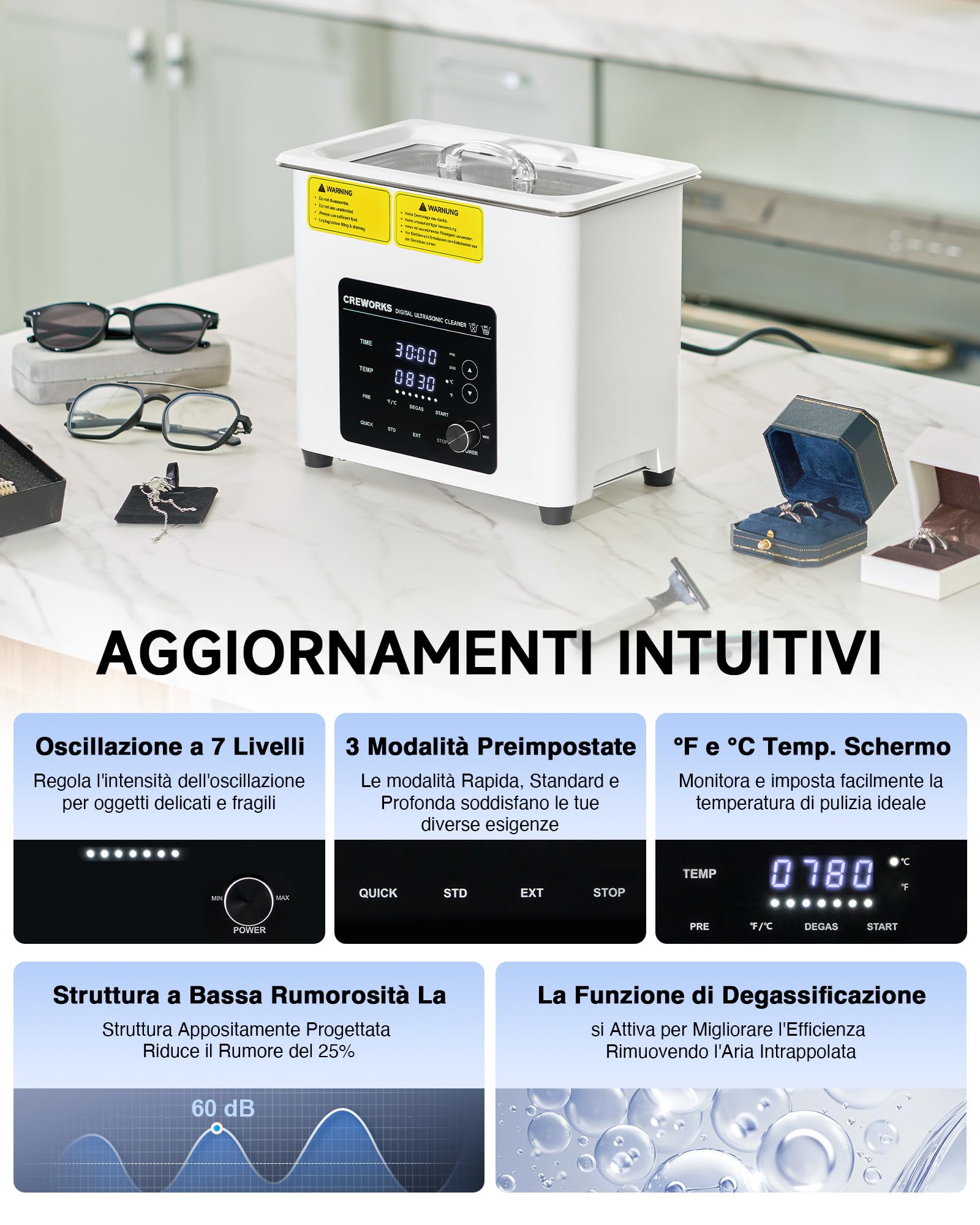 CREWORKS 3L Pulitore Ultrasuoni Digitale 120W Vasca Ultrasuoni con Modalità Degas e 7 Livelli di Oscillazione 3 Modalità 100W Riscaldatore e Timer per Orologi Occhiali Uso Domestico