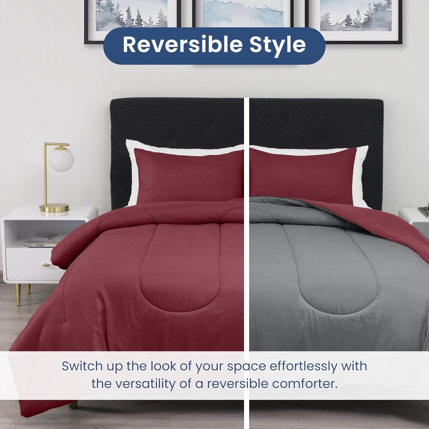 Martex 3-Piece Reversible Comforter Set – Full/Queen Comforter Set – for Full Size Bed & Queen Size Bed - Versatile Room Decor – Durable Bedding Set – Machine Washable – Super Soft – Burgundy/Grey