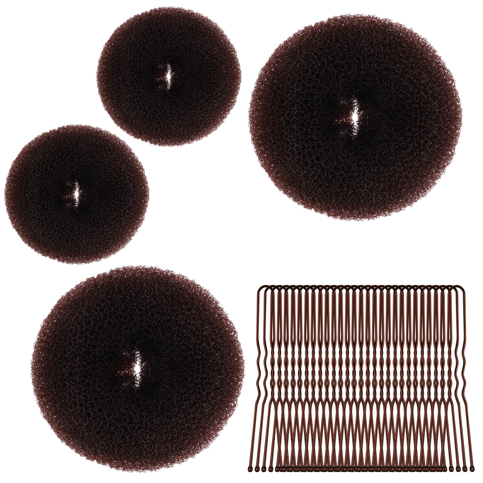 URAQT Donut Moño De Pelo 4PC Accesorios de Peinado Kit con 30 Horquillas en Forma de U para Bailarines Niñas Mujeres Marrón rojizo