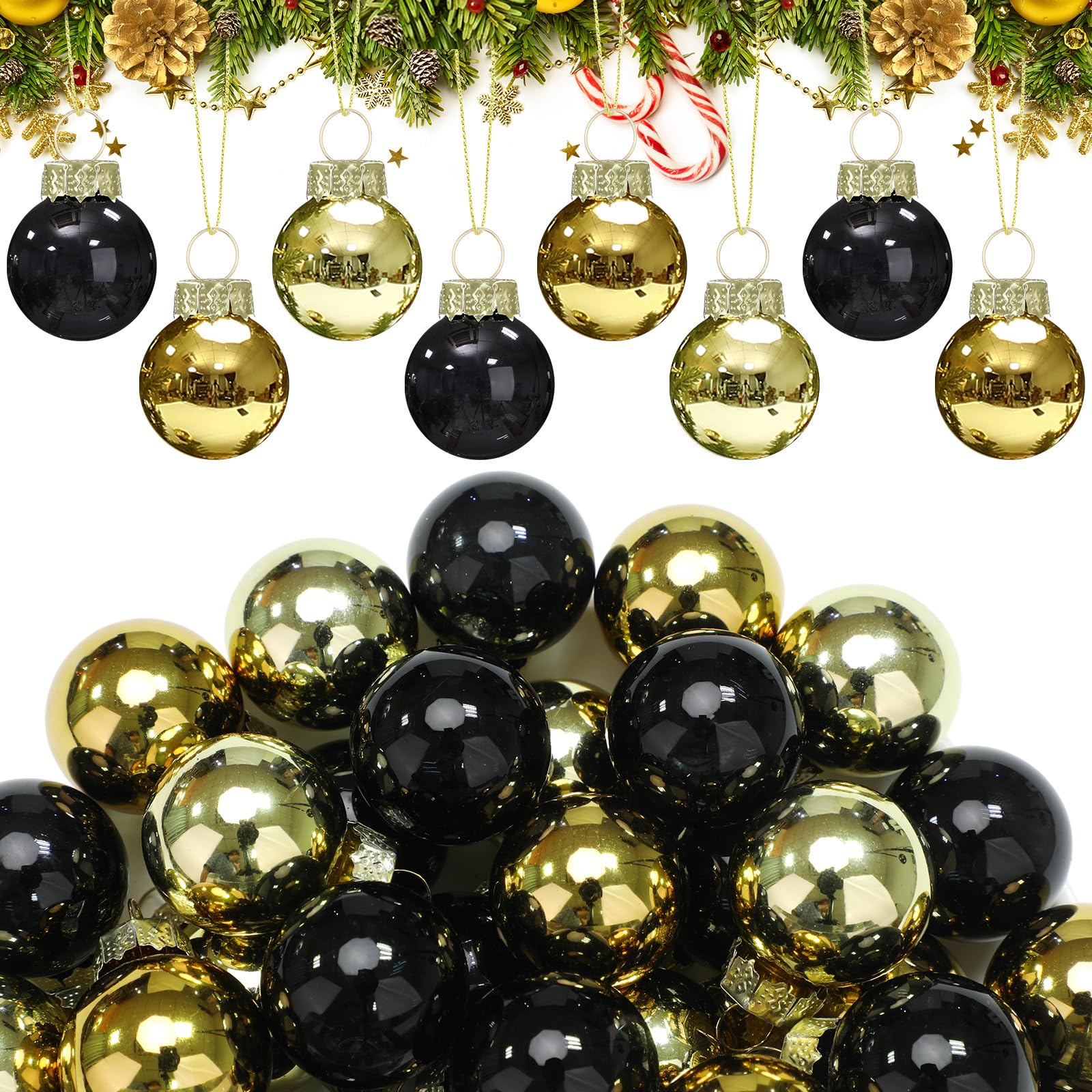 Tioncy 32 Pcs 1'' Mini Glass Christmas Ornament, Small Black Gold Balls