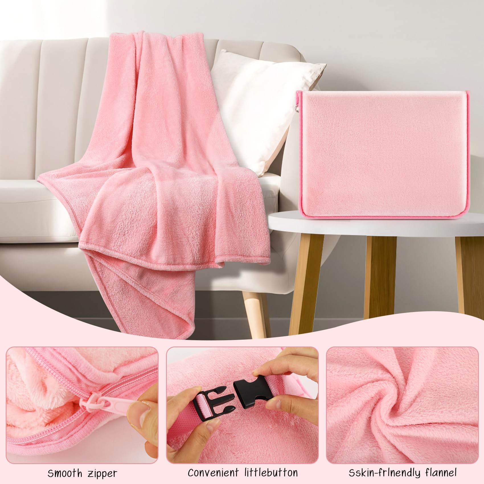Manta de Viaje en Mini Funda Suave, Premium Suave 2 en 1 Manta de avión Bolsa Suave, Almohada Portátil para Adultos, Niños con Funda, Manga para Equipaje, Clip para Mochila, Viajes de Negocios, Rosa