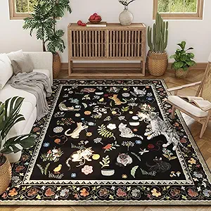 Living Room Rug 5x7 Rug Machine Washable Boho Area Rug Non Slip Floral Animal Cat Vintage Low Pile Large Rugs for Living Room Bedroom Farmhouse Dining Room Kids Playroom, Black