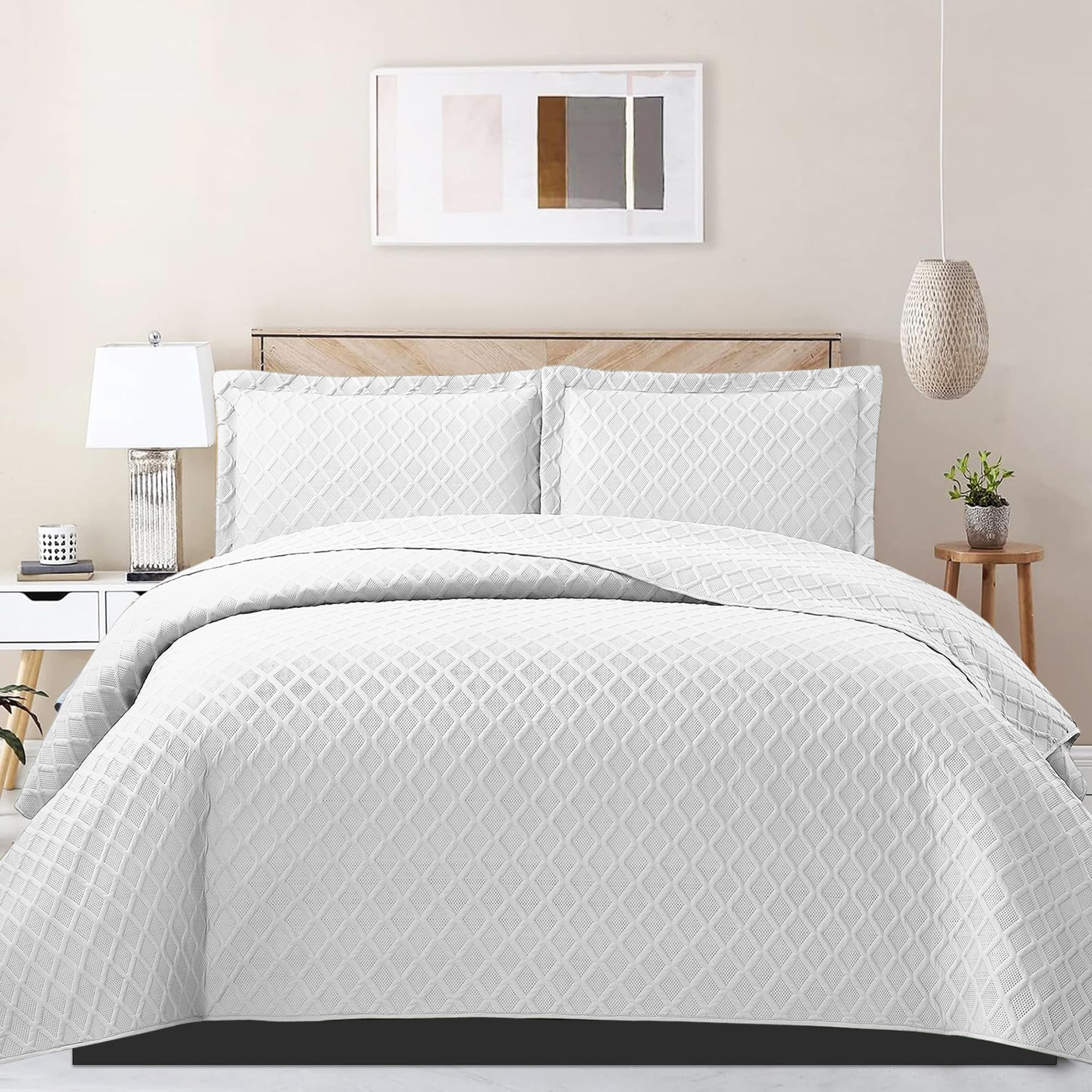 PHP Bedspread Bed Throws for Bedroom Decor - Decorative Embossed Diamond Check Pattern Quilted Fabric Reversible Quilt Bedspreads Coverlets with Pillow Cases (Double, White)