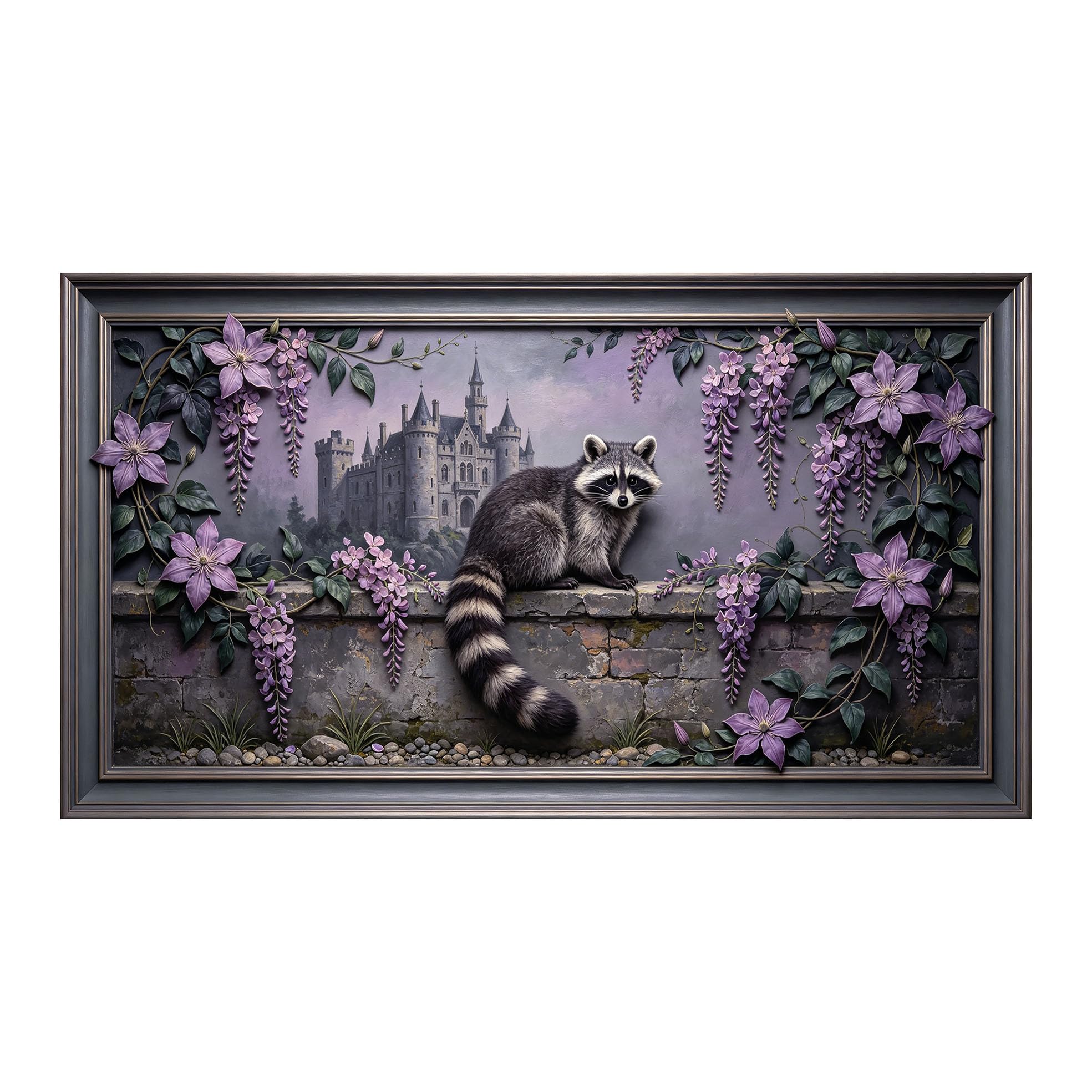 Yzpallescene 3D 3D Framed Wall Art 50cm×90cm Raccoon Castle Floral European Classic Oil Painting Large Size SelfAdhesive Removable Wall Decor Prints Artwork for Living Room Bedroom Office