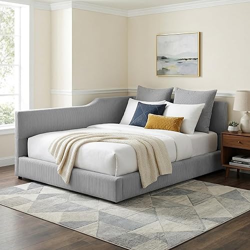 Merax Full Size Upholstered Daybed with Headboard, Corduroy L-Shaped Corner Day Bed Frame for Guest Room, Space-Saving Sofa Bed DayBed, Solid Wood Legs, No Box Spring Needed, Gray