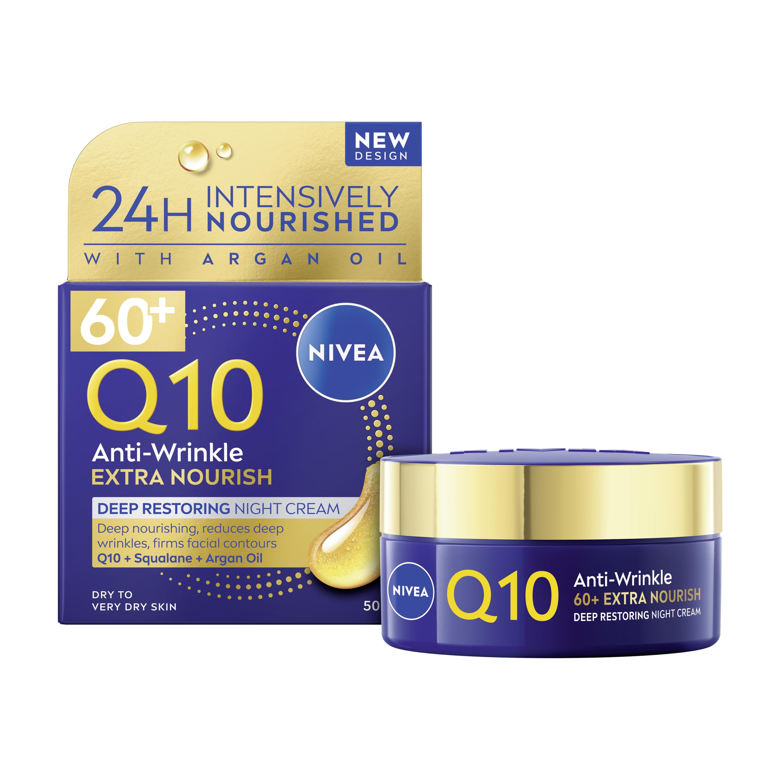 NIVEA Q10 Anti-Wrinkle 60+ Extra Nourishing Night Cream (50ml), Deeply Restoring Anti Wrinkle Face Cream for Intense Hydration, Boosts Collagen and Firms Skin, Dry to Very Dry Skin