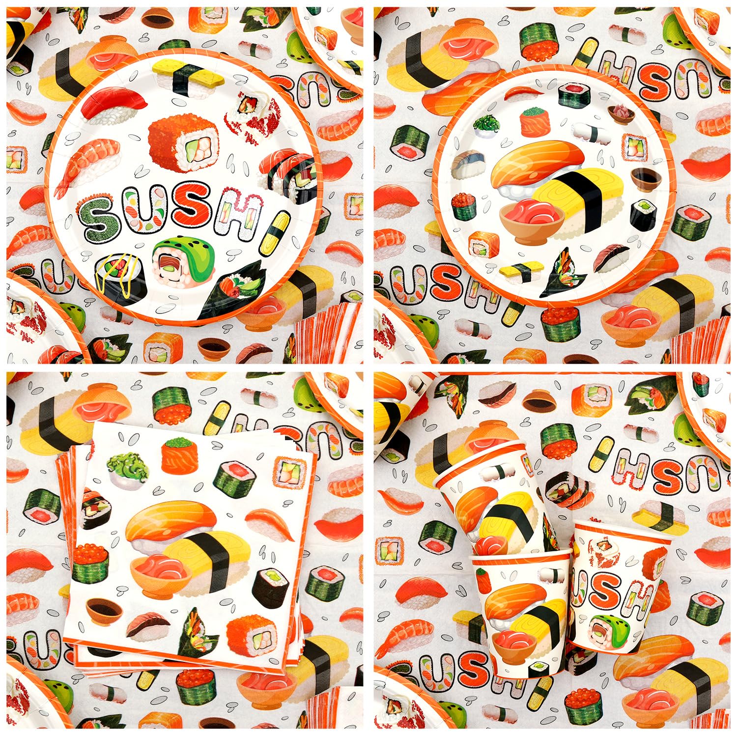 Decorazioni per feste di compleanno a tema sushi, tra cui piatti, tazze, tovaglioli, tovaglie, cannucce, per feste a tema sushi