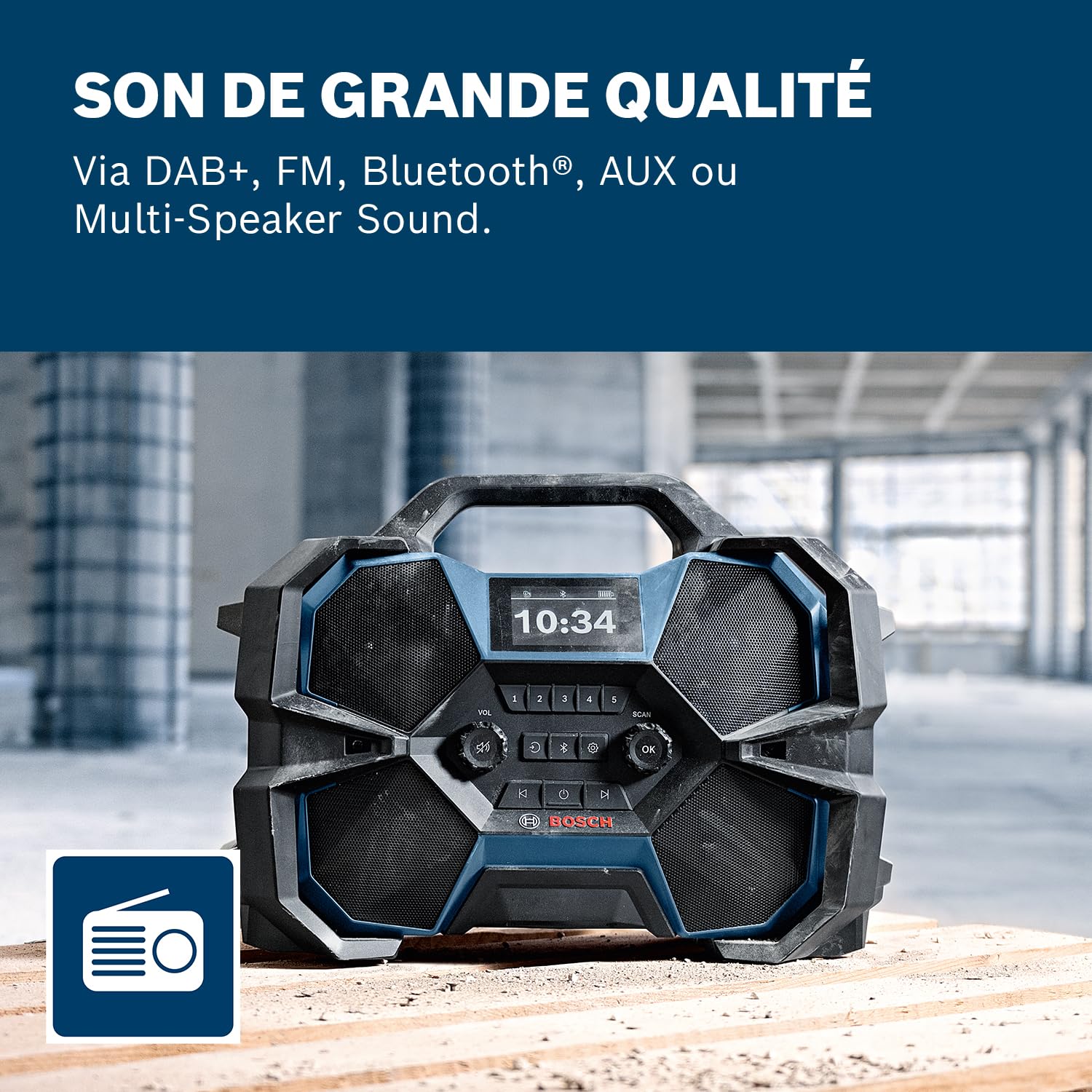Bosch Professional 18V/ 12V System Radio Sans-Fil GPB 18VH-6 SRC (charge Intool pour 18V et 12V, ouvre-bouteille, 2x batteries AAA, film de protection de l'écran, sans batterie/chargeur)