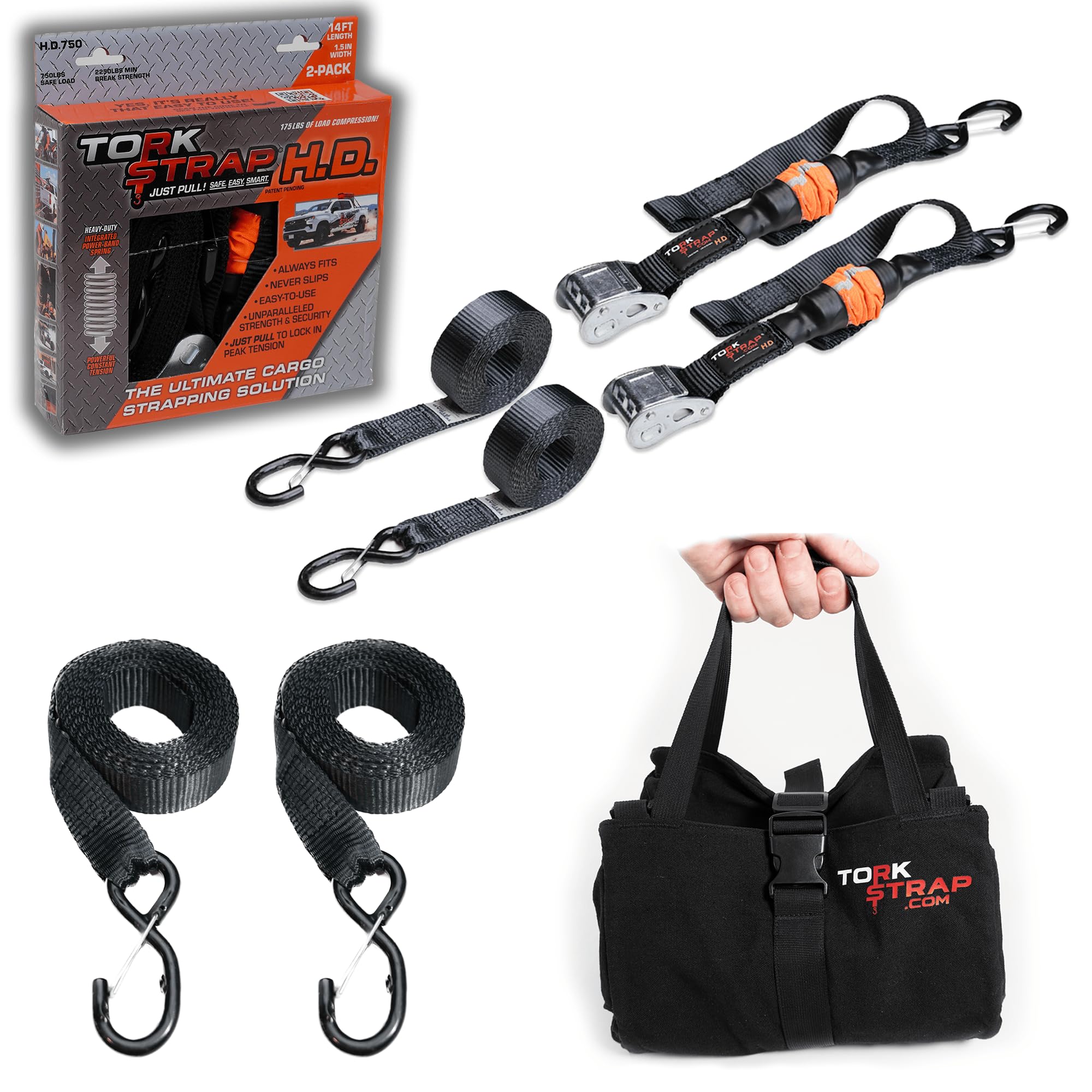 TorkStrap HD750 Bundle | 14' x 1.5'' Heavy Duty Spring Loaded Tie Down Straps w/Carry Bag and 24' Extensions- 2,250LB Max Load - Just Pull Alternative to Ratchet Straps - Integrated Soft Loop (2-Pack)