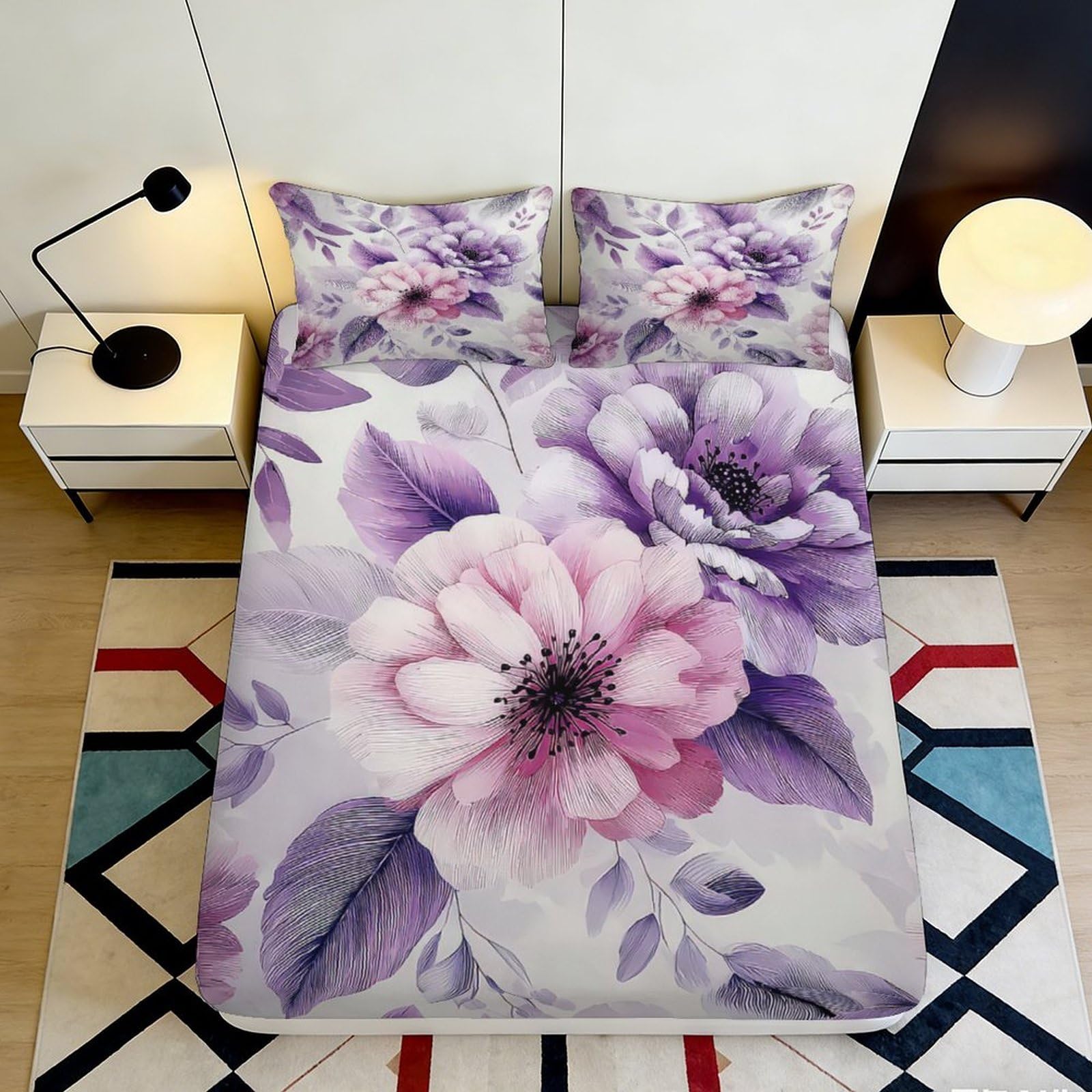 3D Printed Purple Floral Fitted Sheet Microfiber Soft Breathable Lavender Bed Sheet Mattress Cover for Bedroom Dormitory Guest Room Mattress Protection 90x200x25cm