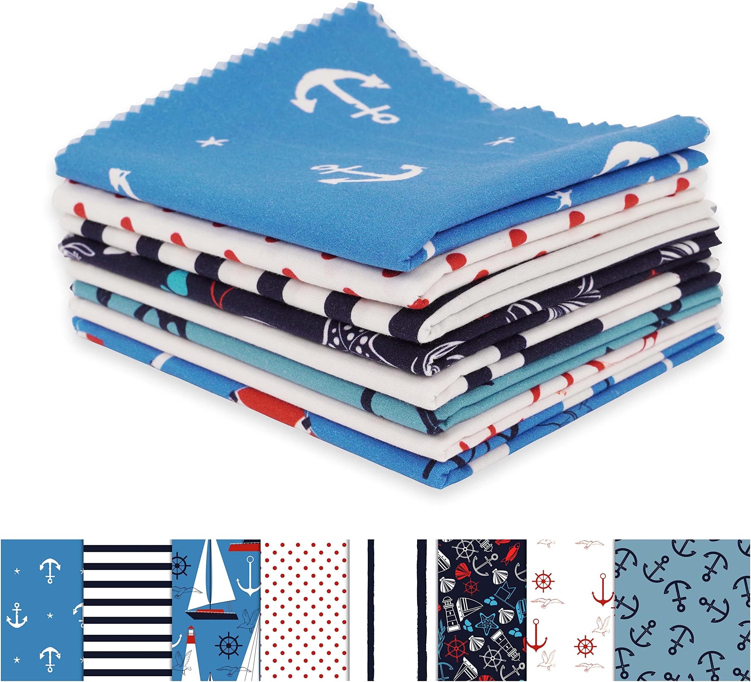 8 Pc Fat Quarter Bundle- Nautical Print 18"x 22" DIY Patchwork- 100% Cotton Pre-Cut Quilting Fabric White & Blue
