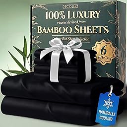 DECOLURE 100% Organic Viscose Derived from Bamboo Sheets Cal King Size 6pcs - Ultra Soft & Luxuriously Cooling, 17" Deep Pocket, Double Stitching, Perfect for Hot Sleepers - King Bed Sheets (Black)