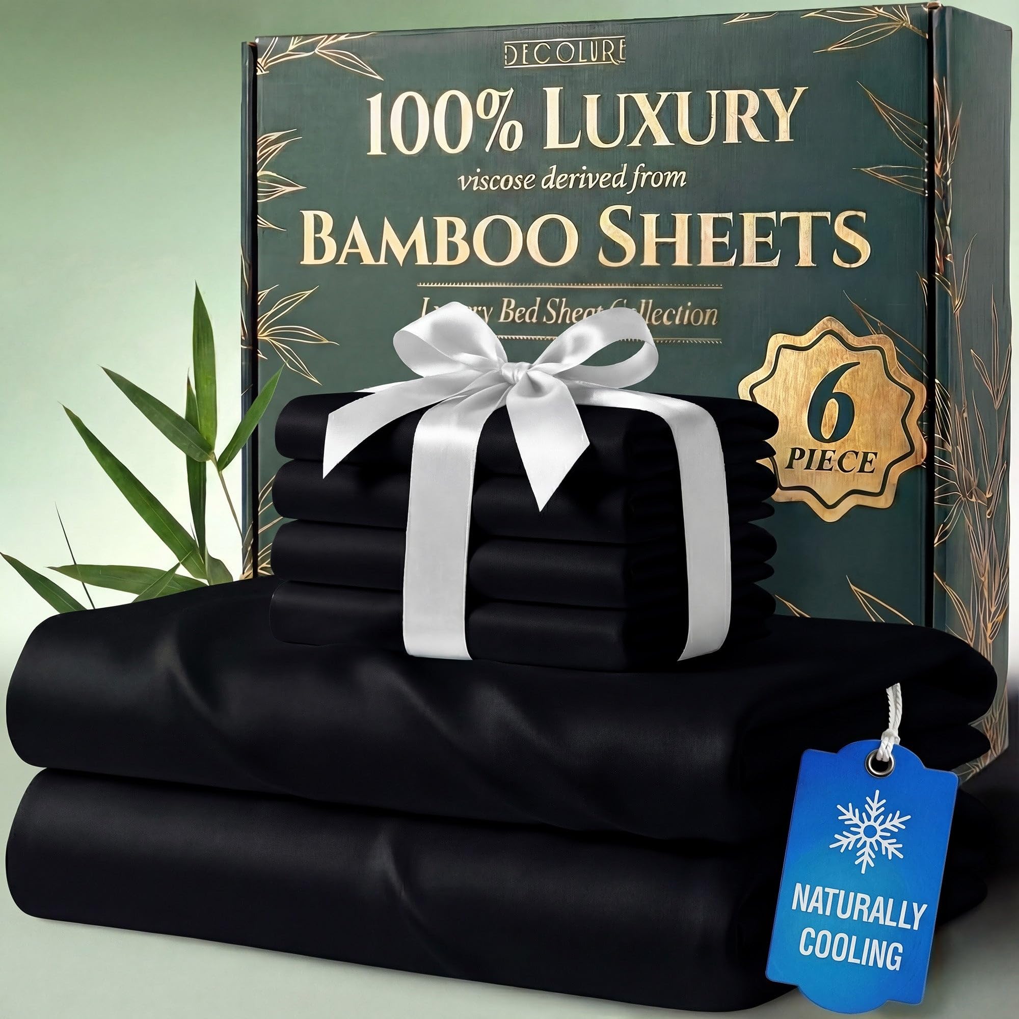 DECOLURE 100% Organic Viscose Derived from Bamboo Sheets Cal King Size 6pcs - Ultra Soft & Luxuriously Cooling, 17" Deep Pocket, Double Stitching, Perfect for Hot Sleepers - King Bed Sheets (Black)