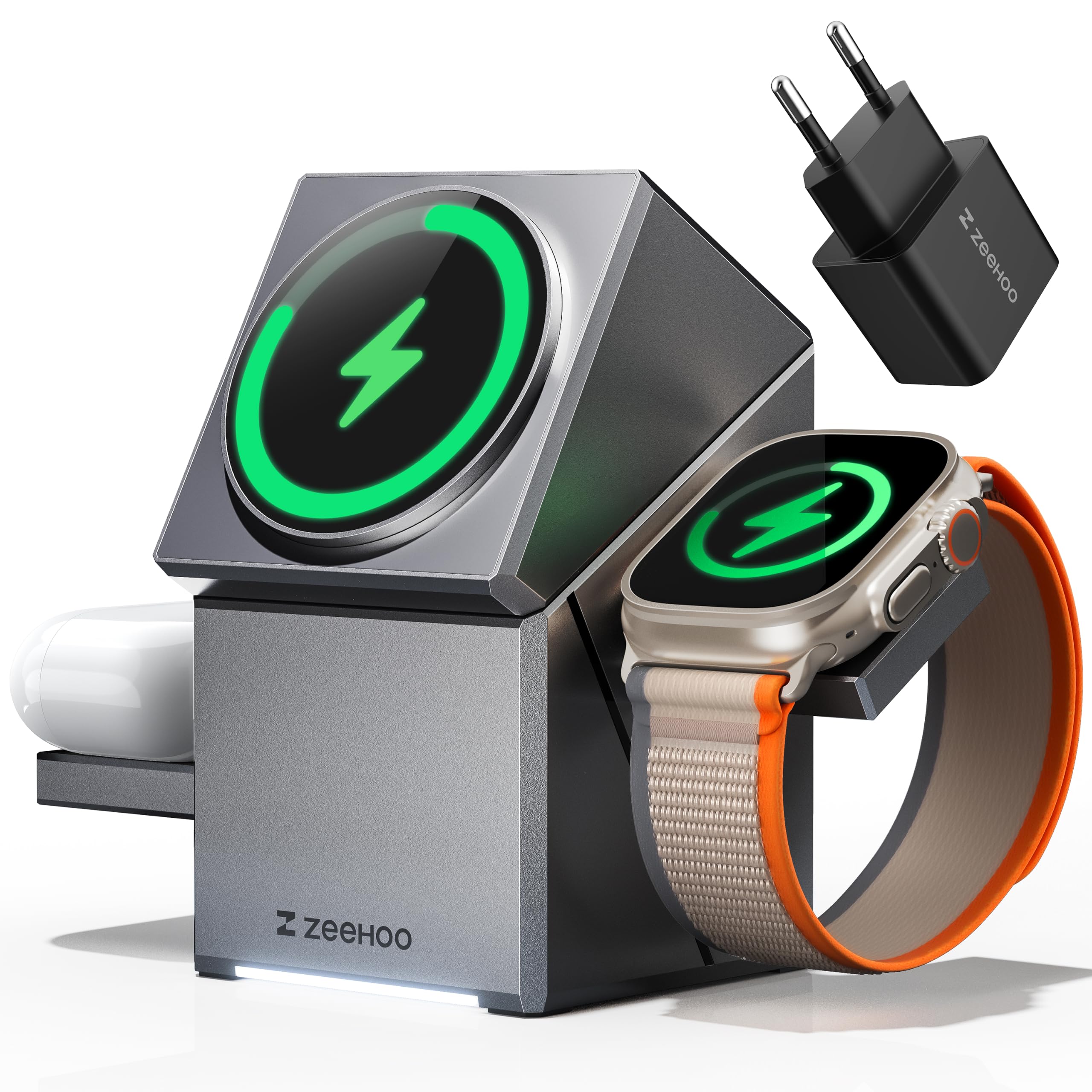 ZEEHOO Station de Charge 3 en 1 pour Apple, iPhone, Support de Chargeur Rotatif sans Fil pour iPhone 16, 15, 14, 13, 12, Apple Watch, AirPods (Chargeur USB-C Inclus)