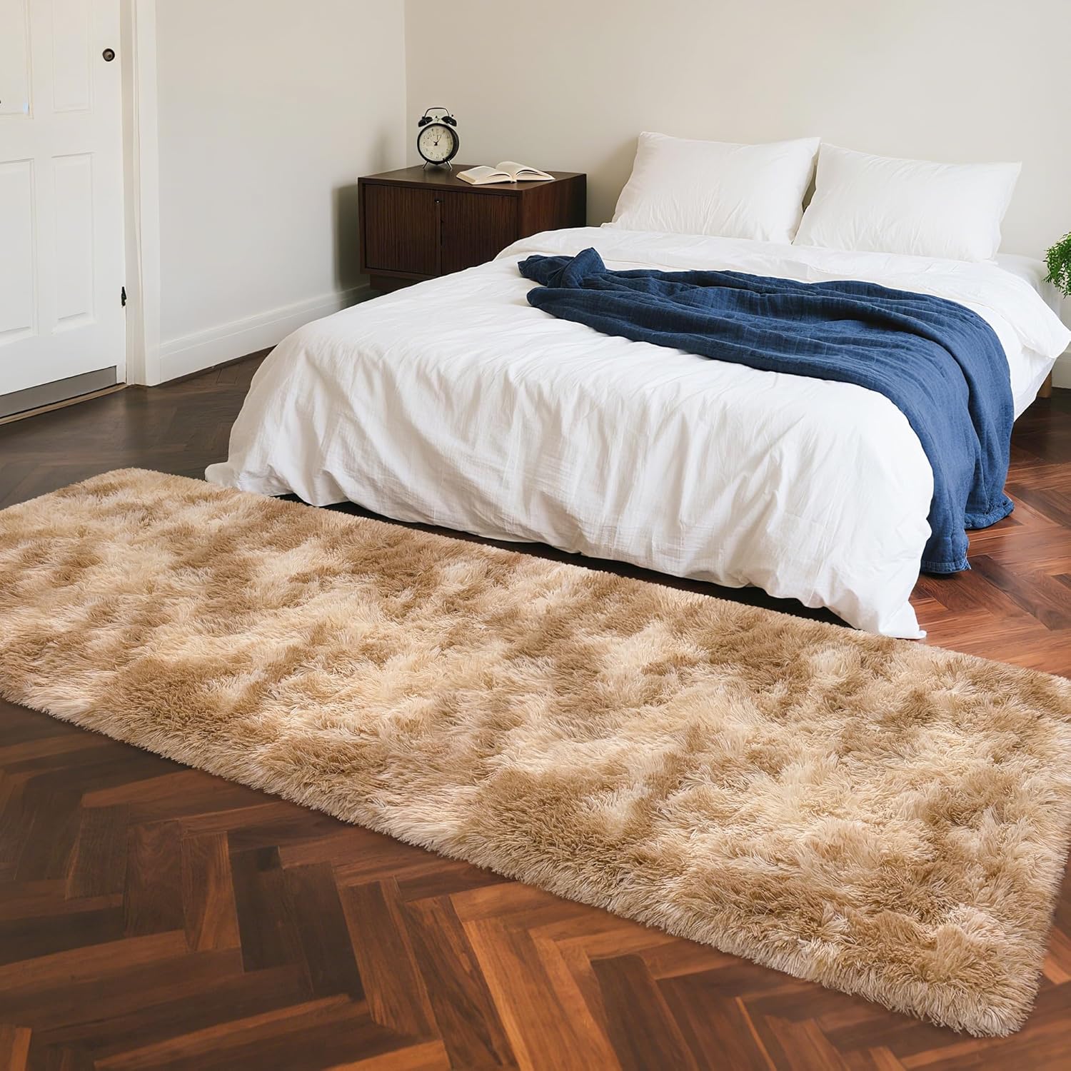 2x8 ft Plush High Pile Khaki Tie Dyed Rug Fluffy Soft Runner Bedside Rug for Bedroom Living Room Hallway Nursery Kids Home Decor Shag Carpet