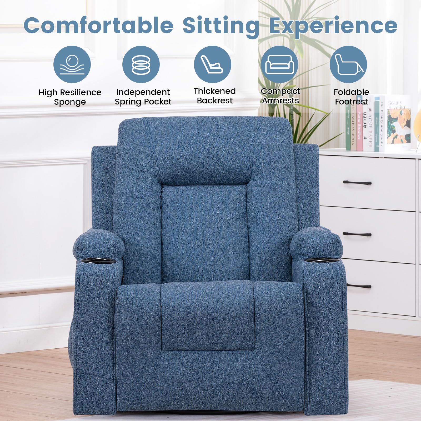 COMHOMA Poltrona Relax TV con Funzione Recliner Schienale Regolabile, Girevole a 360°, 2 Tasche Laterali e Portabicchieri, Blu, Tessuto