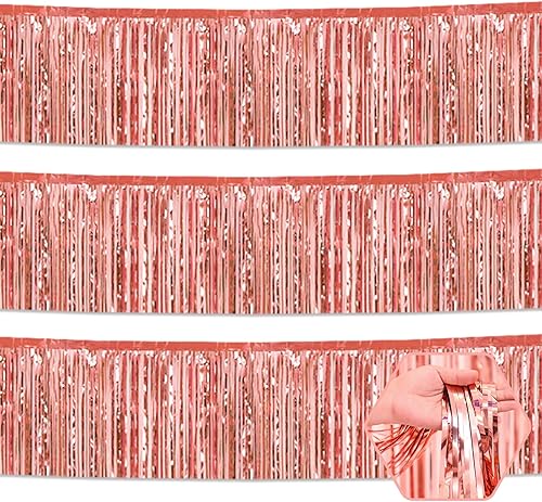Paquete de 3 guirnaldas de flecos metálicos de color oro rosa de 10 pies para colgar en la pared, despedida de soltera, fiesta de Navidad,