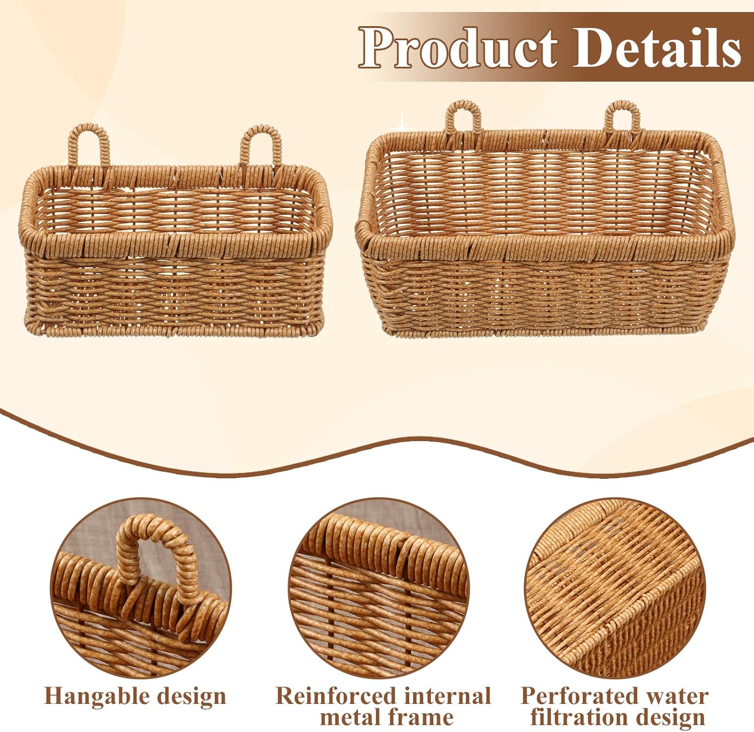 Condition photo showing New/Like New for set of 2 wall hanging baskets, boho style hand-woven hanging storage basket, plastic woven baskets with hangers for kitchen home decor bathroom living room (light brown, imitation rattan plastic)
