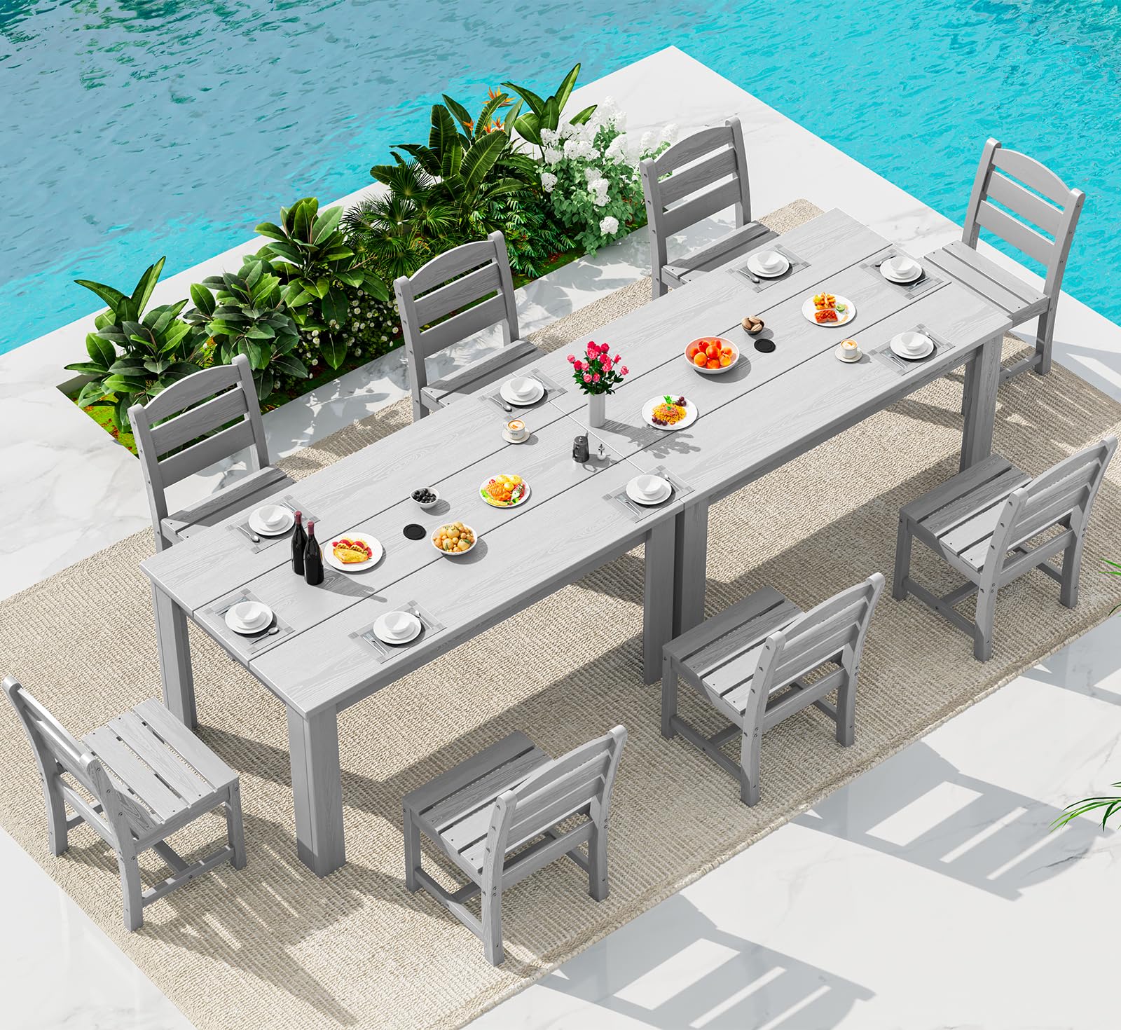 SERWALL 59" Patio Dining Set for 8, HDPE Dining Set, Light Gray