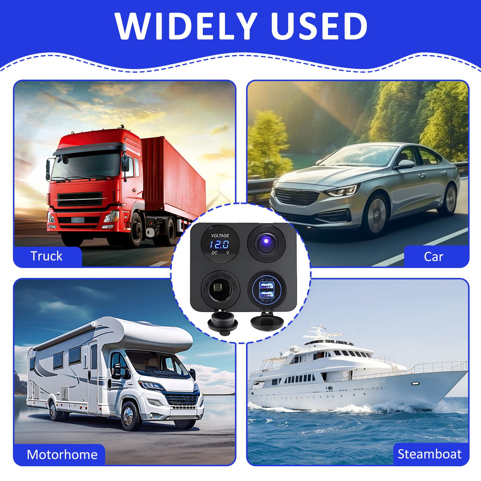 4 in 1 Pannello Caricabatteria da Auto USB 12V per Barca e Camper, Presa Marine Interruttore Pannello con Accendisigari da 240 W, Doppie Porte USB, Voltmetro a Led Blu E Interruttore a Bilanciere
