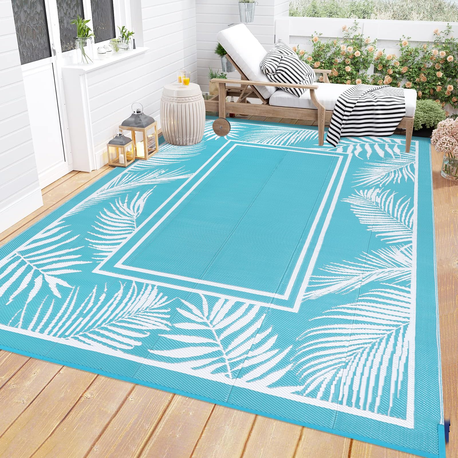 Bsmathom Waterproof Outdoor Rug 9x12ft Large Reversible Boho Plastic Straw Patio Deck Camping Rugs, Indoor Outdoor Portable RV Mat Carpet for Outside, Porch, Balcony, Backyard, Beach, Pool,Teal