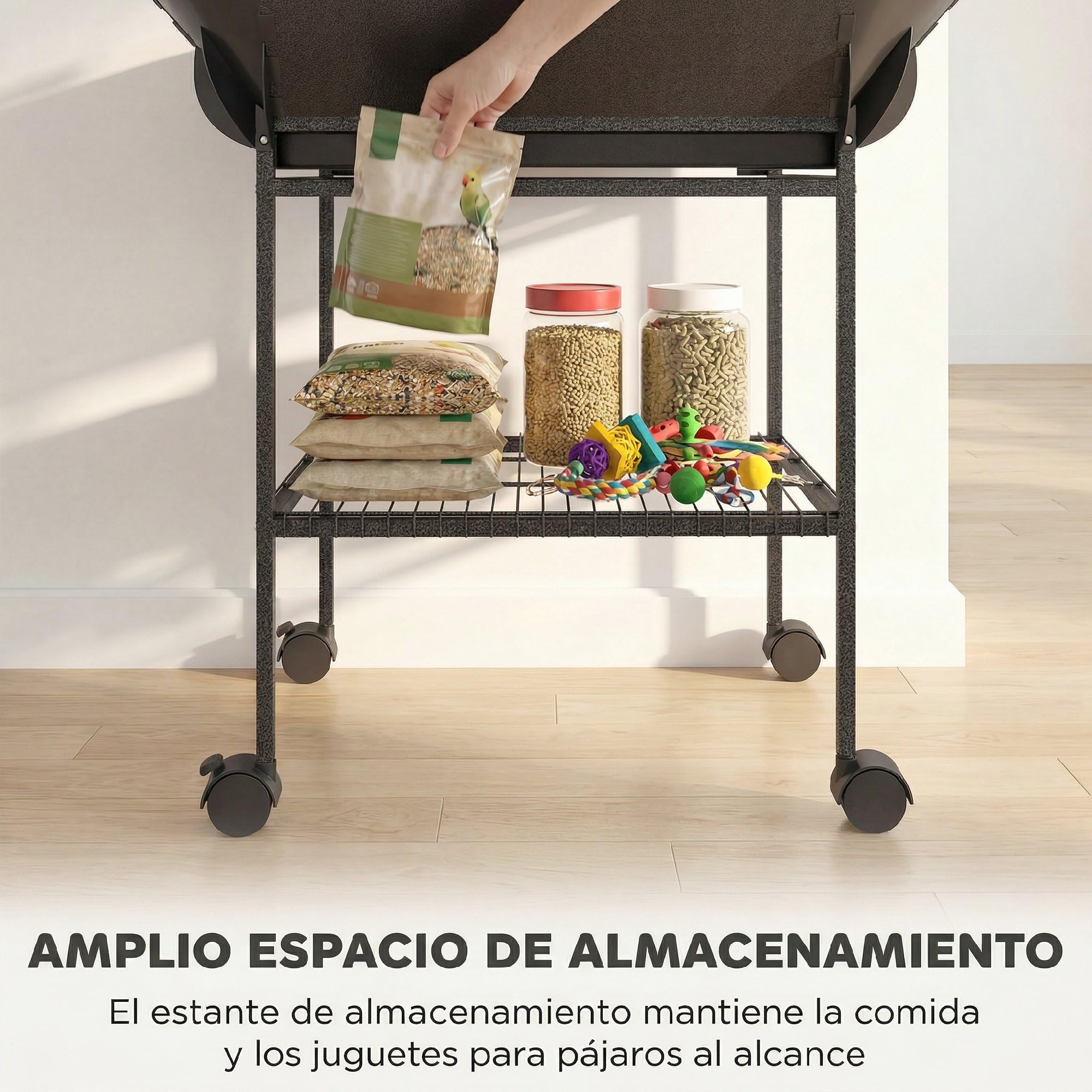 PawHut Parque de Juegos para Pájaros, Soporte para Pájaros con Ruedas, Escaleras, Columpio, Protector de Semillas, Bandeja, Comederos, Perchas, Gancho, Estante, para Periquitos Cacatúas, 63x63x163 cm
