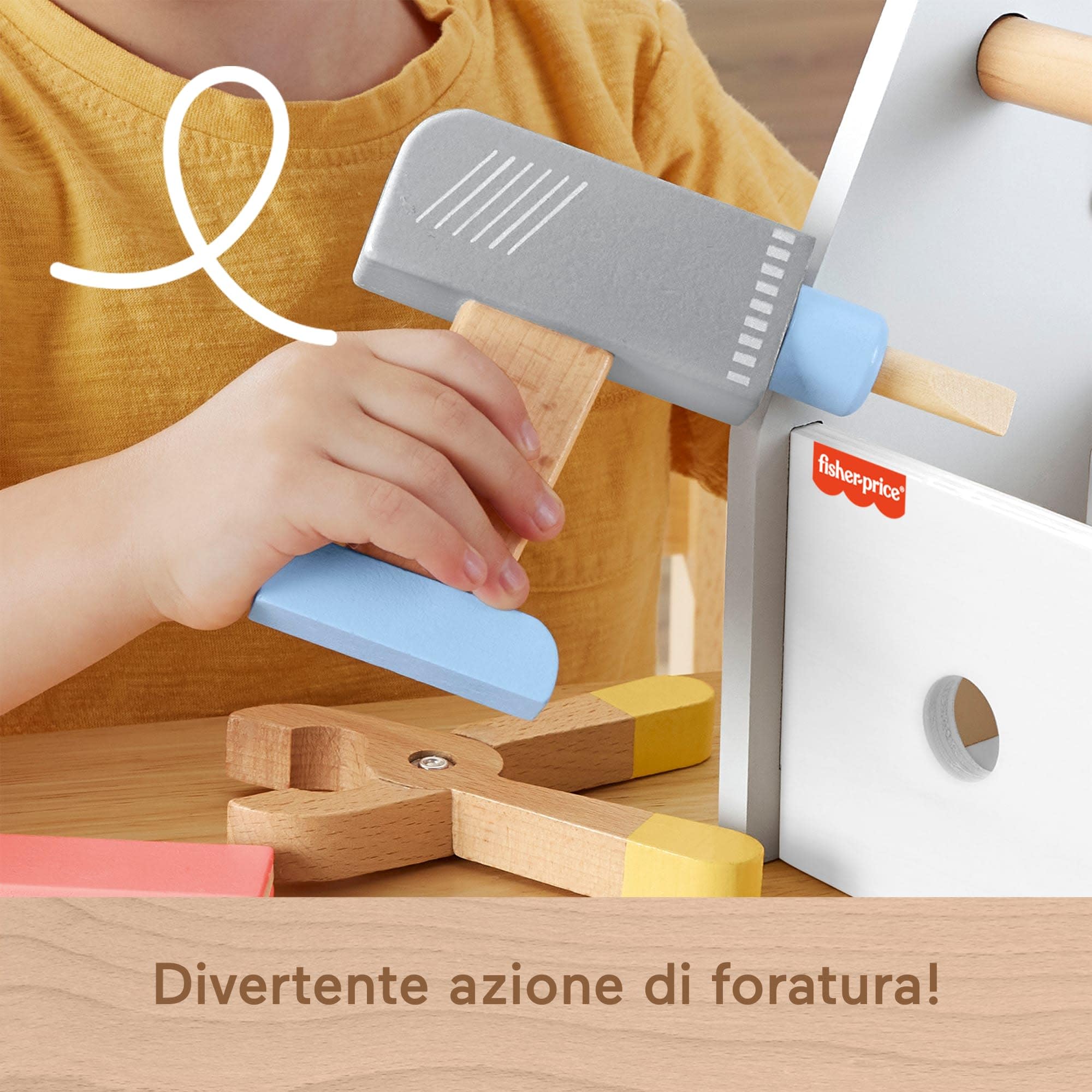 Fisher-Price - Set Attrezzi da Lavoro in Legno, Include 9 Strumenti tra Cui Vari Utensili e la Cassetta per riportli, per Il Gioco Creativo da Costruire, Giocattolo per Bambini, 3+ Anni, HYG50