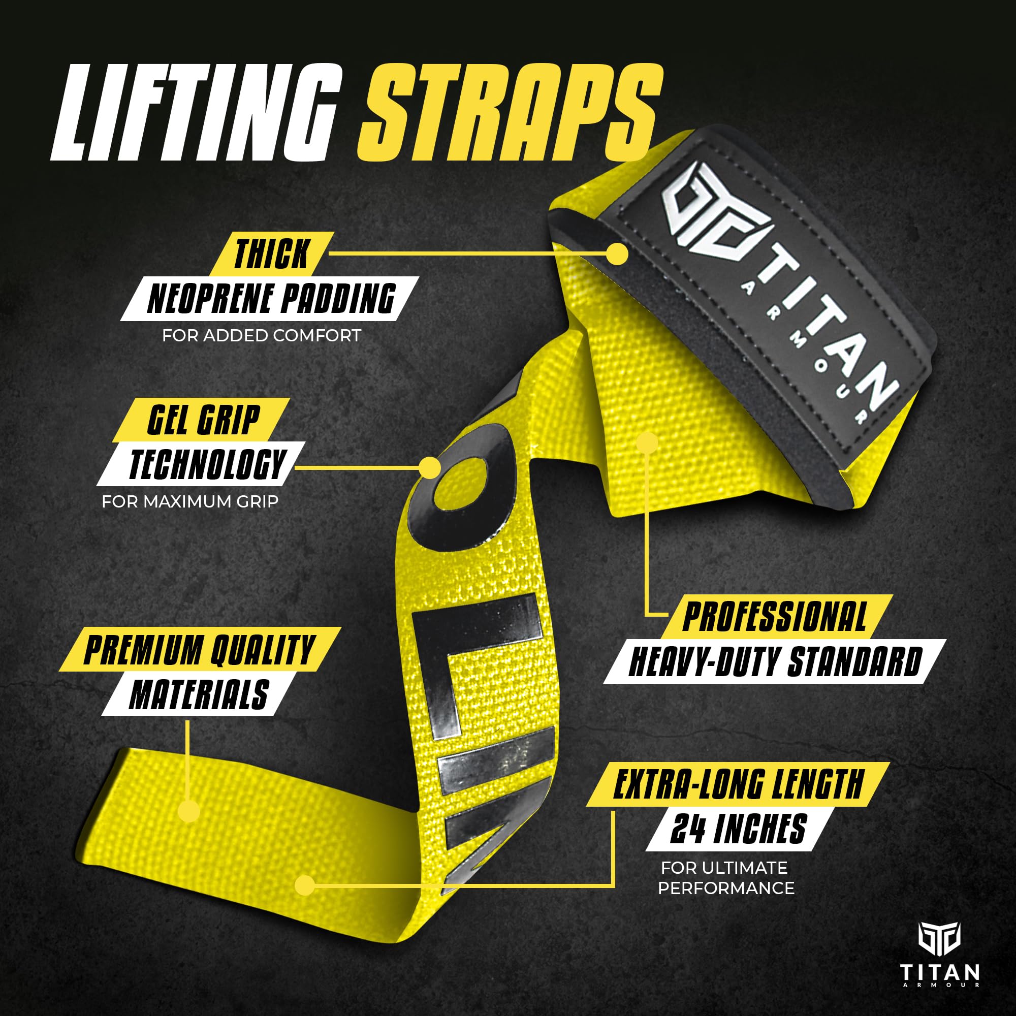 Titan Armour® Weight Lifting Straps, Yellow (Gel Grip) - Image 2