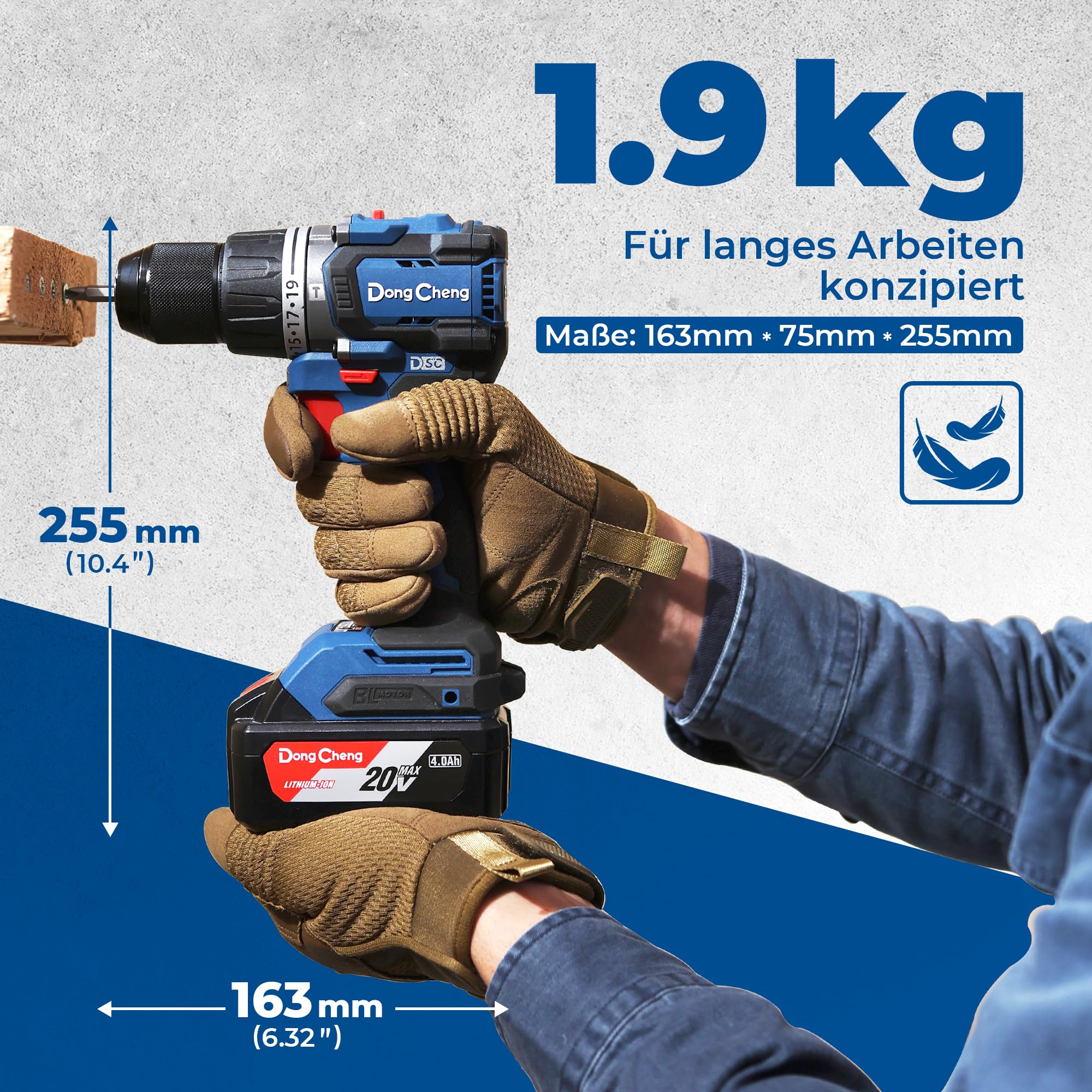 Dong Cheng Akku-Schlagbohrschrauber 20V Brushless 90Nm 1×4.0Ah Akku 19+2 Drehmomenteinstellung 13mm Bohrfutter 2 Gänge inkl Koffer