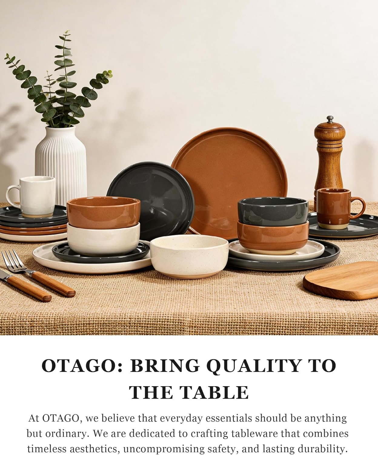 OTAGO 8" Stoneware Salad and Pasta Bowls Set of 4 with Partially Unglazed Base, Scratch Resistant Ceramic Dish Set, Microwave & Dishwasher Safe，Brown