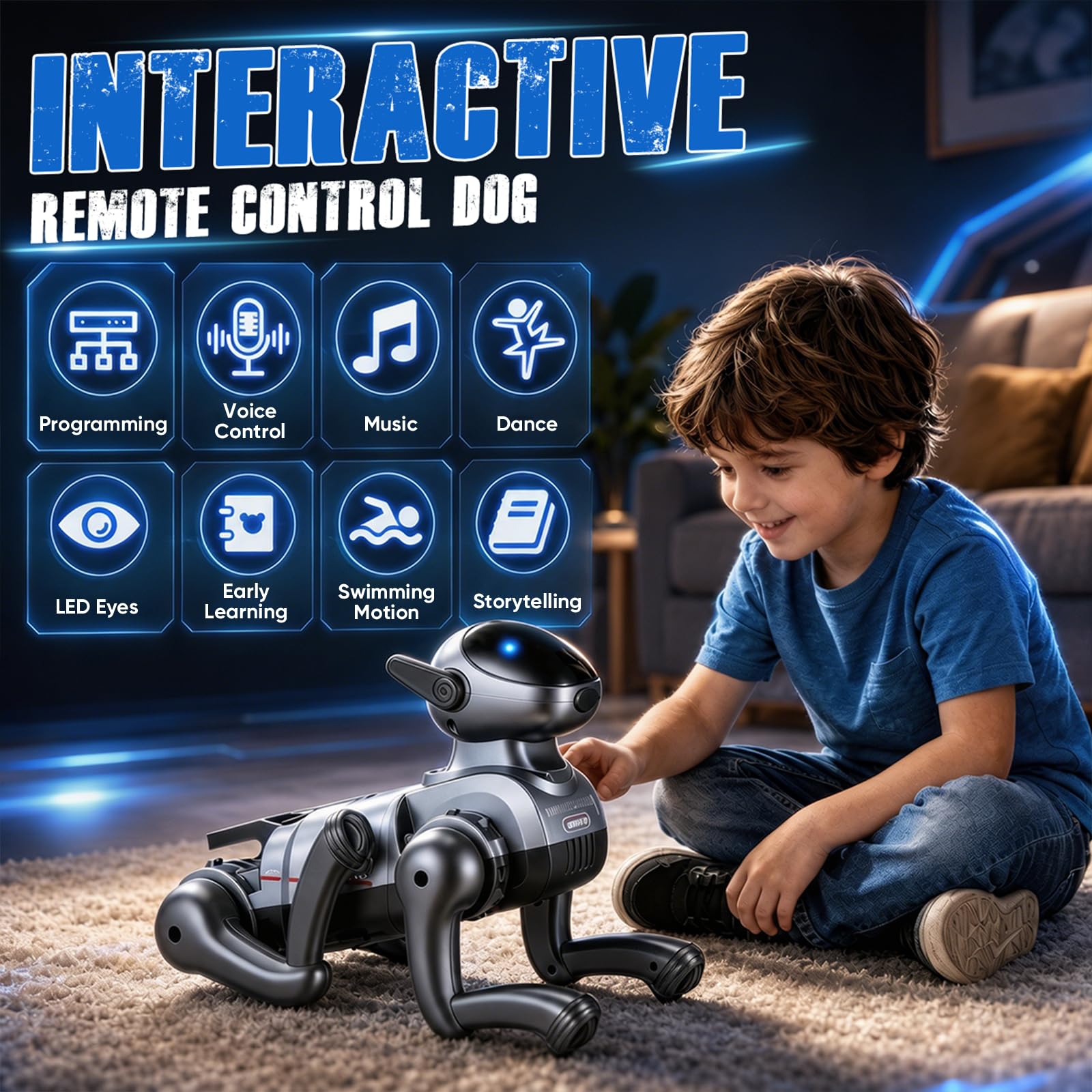 Cane Robot Giocattolo con Telecomando 2.4G, 25 Funzioni Interattive (AI, Voce, Programmazione), Occhi LED Dinamici ed Effetto Nebbia, 2 Batterie, Giocattolo Cane Robot Ricaricabile