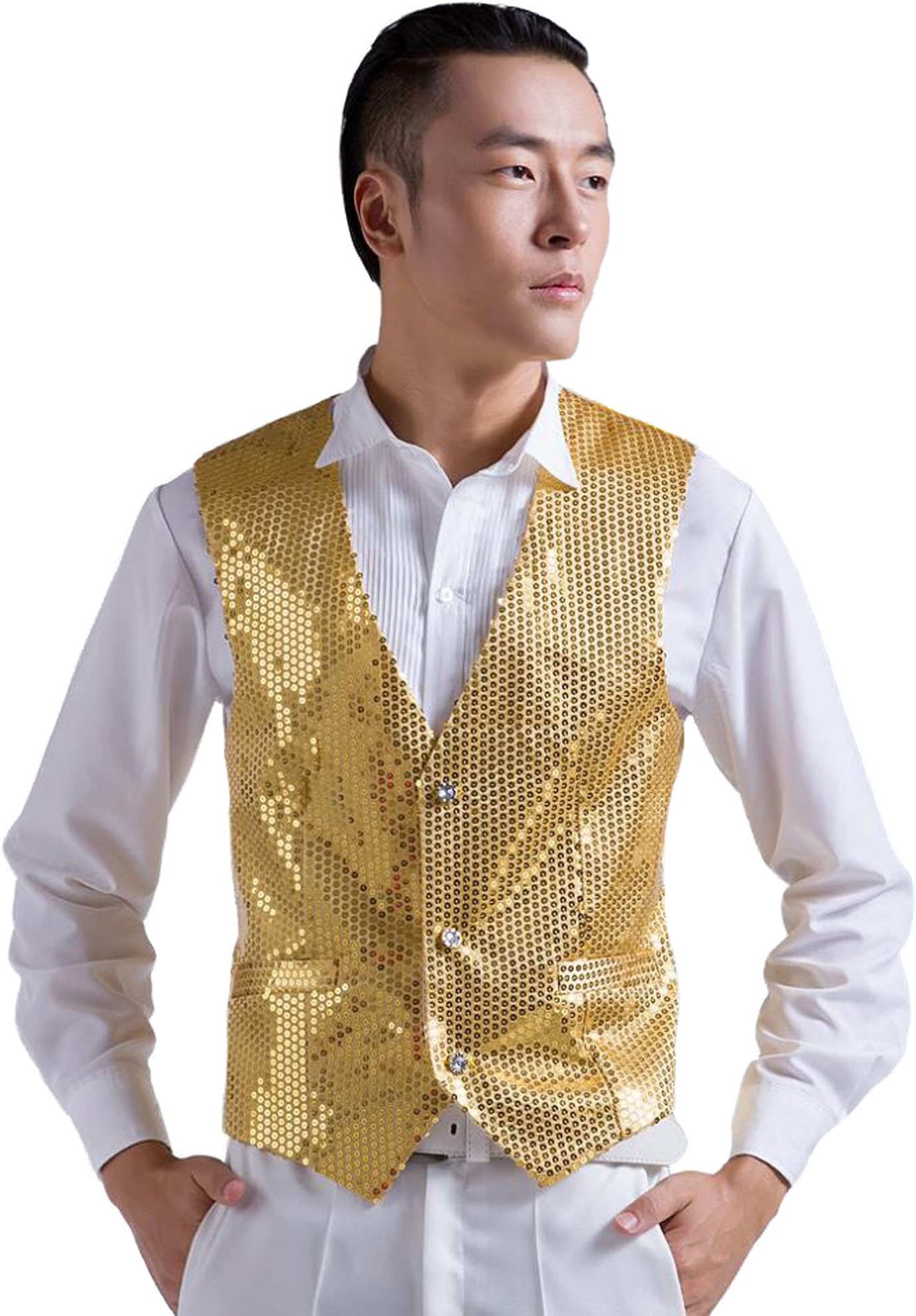 HAOYU Men's Stage Show Sequined Vest (M: Chest 37", Gold)