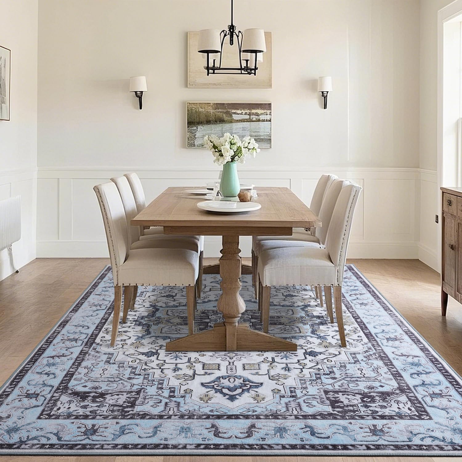 Washable Area Rugs3x5, Low Pile Super Soft Carpet, Vitnage Distressed Rug for Bedroom, Living Room, Dining Room, Non-Slip, Low Pile, Blue