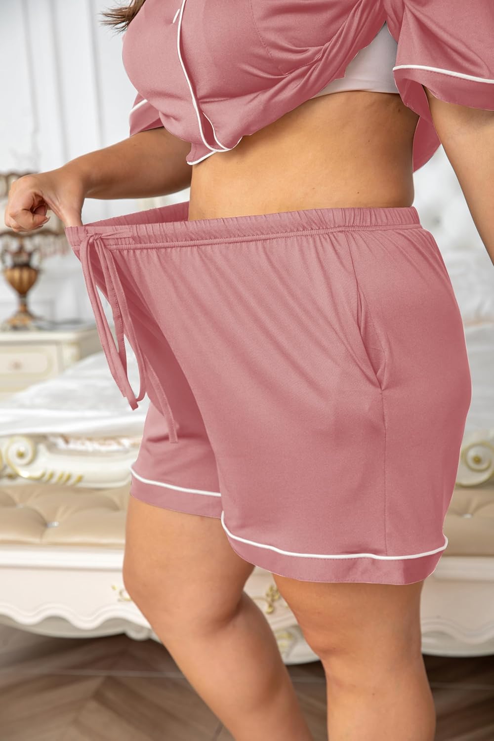 Vozanet Women's Plus Size Button Down Pajamas Soft Lounge Sets Shorts with Pockets Bride Nighty Solid Soft Pjs 1x to 5x - Image 6