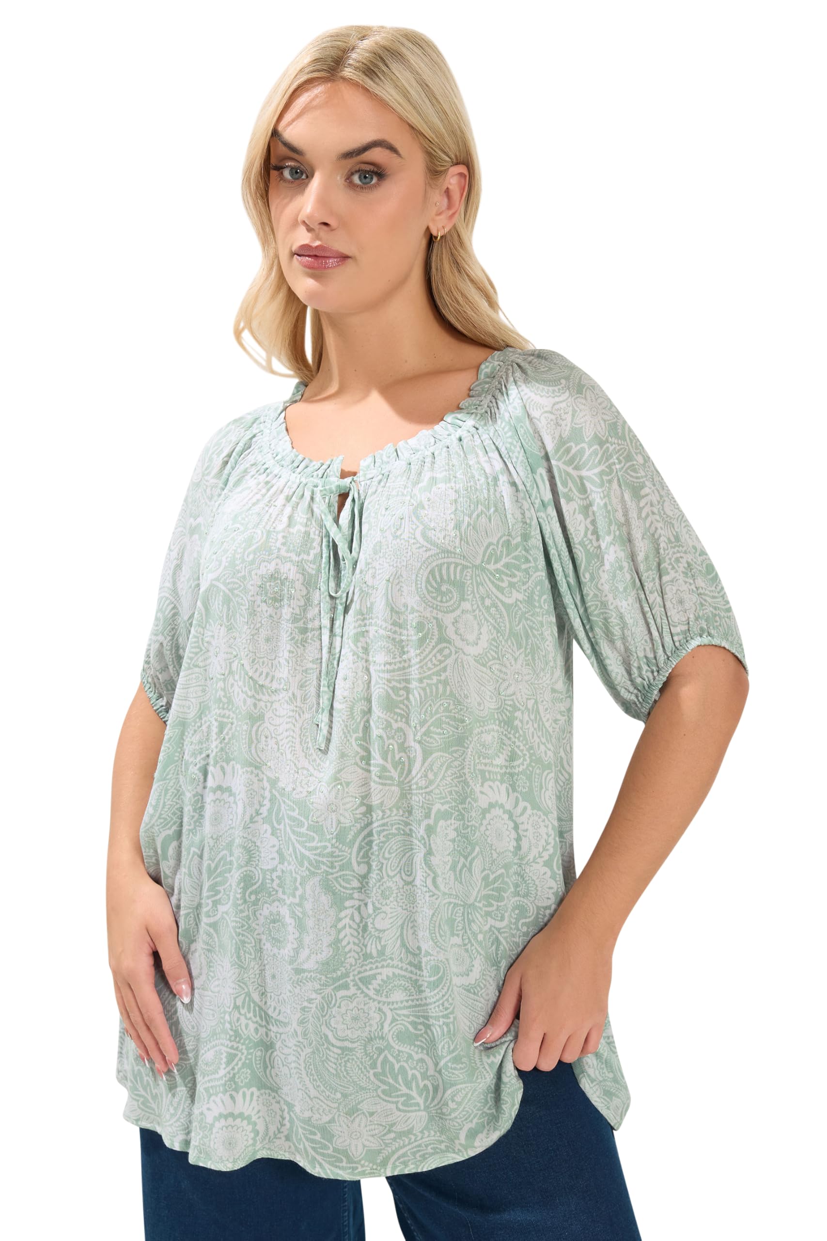 Yours Women's Light Green Textured Ditsy Floral Print Top In | : Size 20