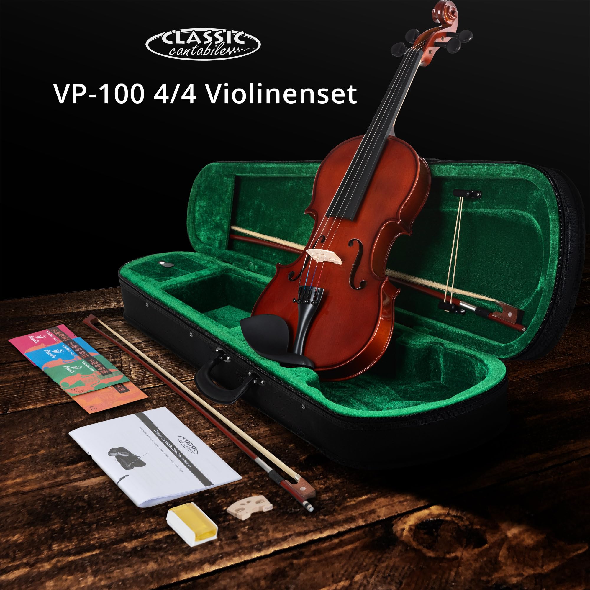 Classic Cantabile VP-100 Set Violino 4/4, Tavola armonica: abete massello | Fondo, ponticello, fasce: acero, Tastiera, chiavi, capotasto: legno duro, Mentoniera: plastica, Cordiera: metallo