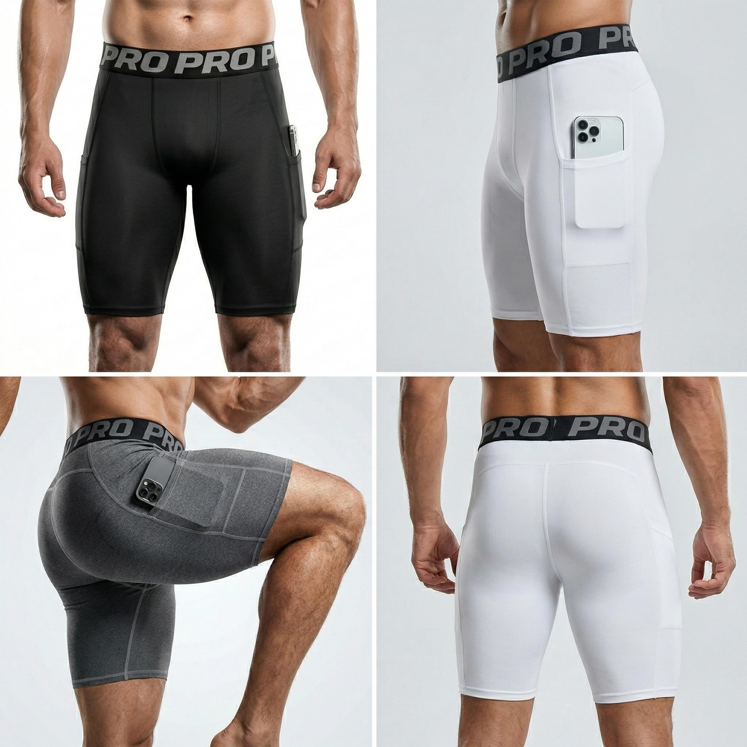 YUSHOW Pantaloncini Compressione Uomo in Confezione da 3 Pantaloncini da Corsa Asciutti Freschi con Tasca per Il Telefono Calzamaglia da Ciclismo per Allenamento Atletico Palestra