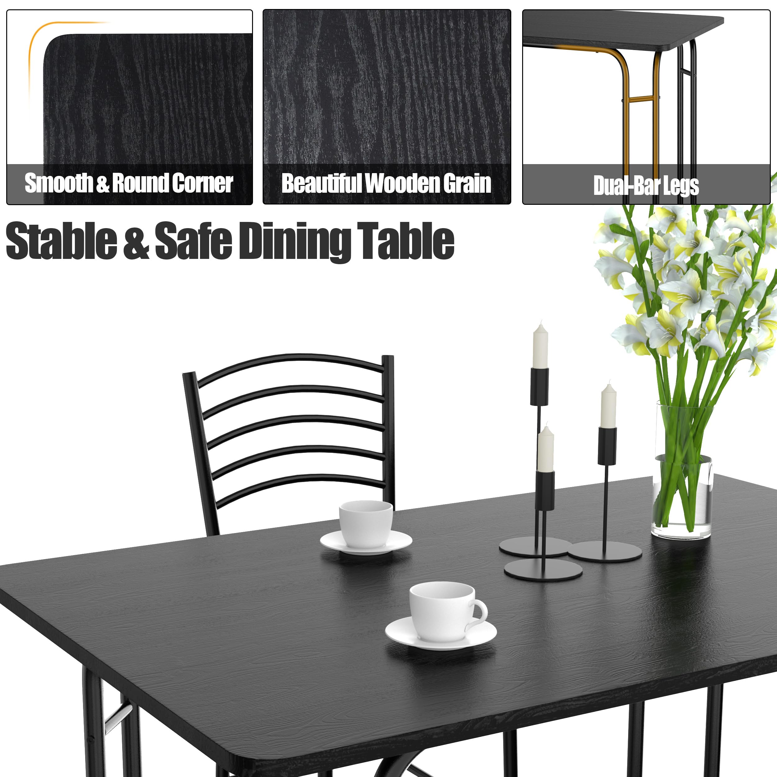 HOMASIS Set da Pranzo con 1 Tavolo e 4 Sedie in Legno, Tavolo Rettangolare con Sedie Ergonomiche, 107 x 70 x 75 cm, Nero