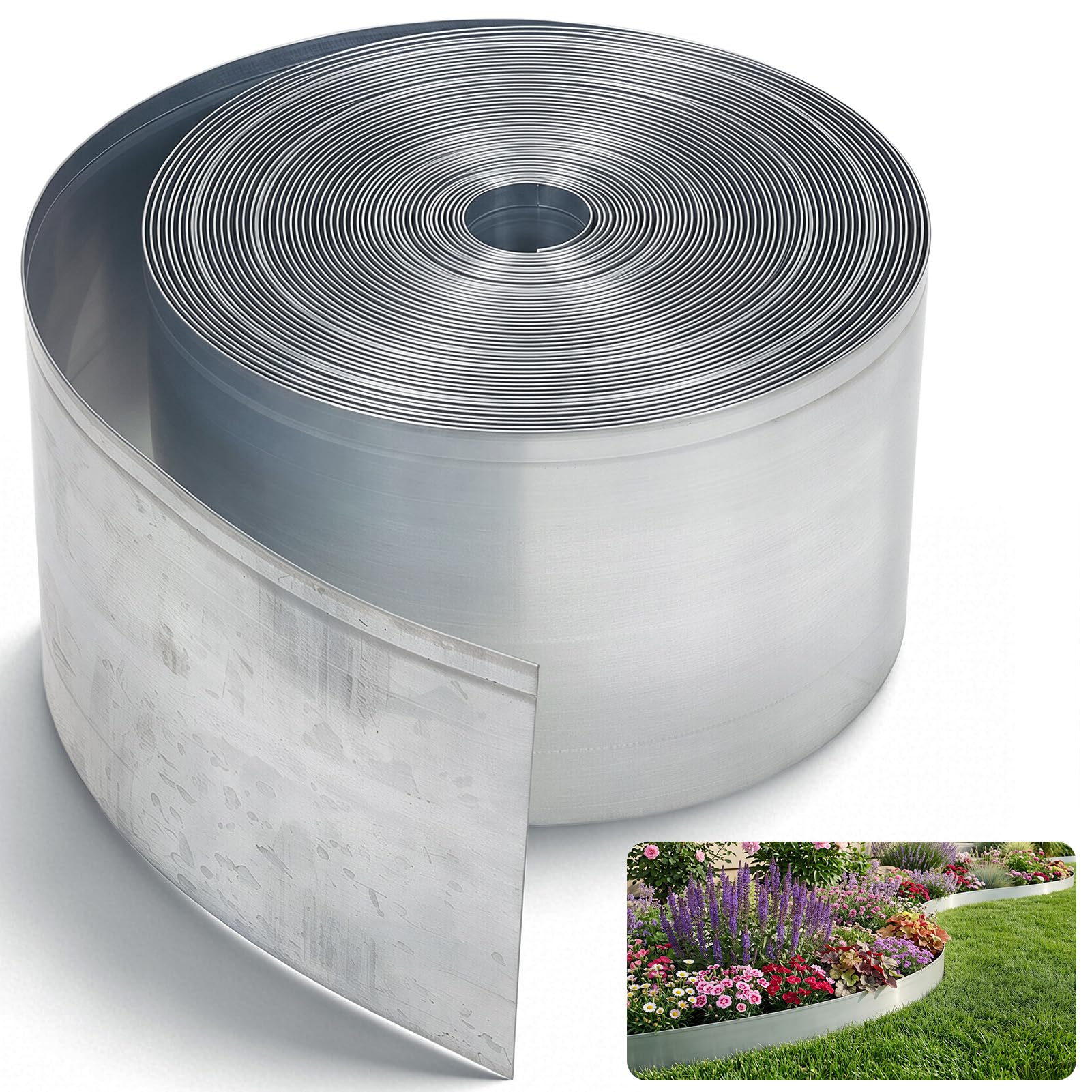 DKIEI Corten Steel Lawn Edging, Metal Lawn Garden Border, 10M/33FT Pre-Rusted Grass Path Edging with 14cm High, Lawn edging strip, 1mm Thick Flexible Landscape Edging, Gloves Included, Silver