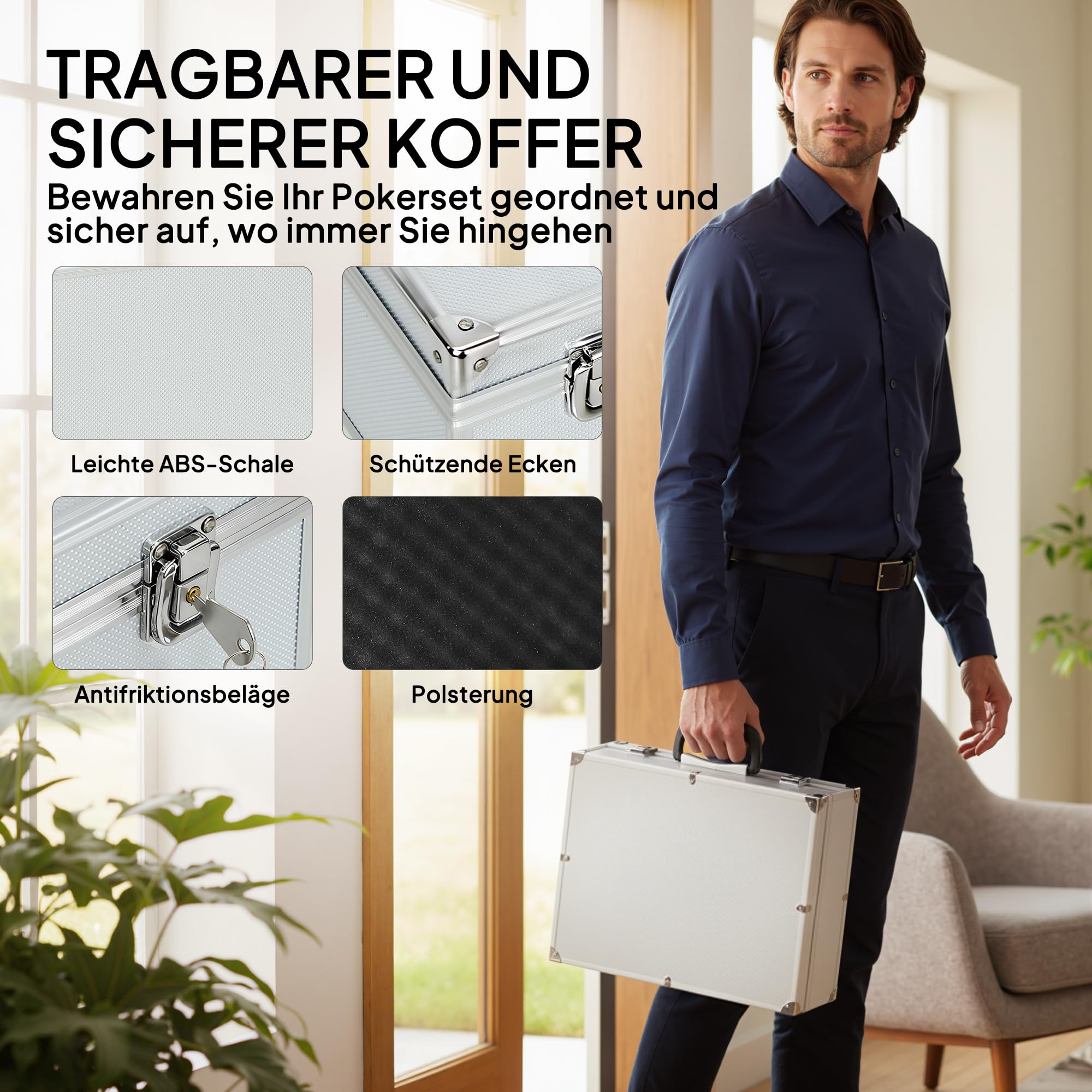 SPORTNOW Pokerkoffer abschließbar Pokerset mit Koffer 300 Chips Karten 5 Würfel Dealer Button Kartendecks, Pokerchips Komplett Set Pokerspiel Kartenspiele Aluminiumkoffer für Texas Hold'em, Blackjack