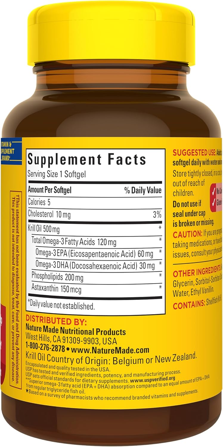 Nature Made Superior Absorption Krill Oil 500mg with Astaxanthin and Phospholipids, Omega 3 for Heart Health Support, Antarctic Krill Oil Supplement, 100 Softgels, 100 Day Supply