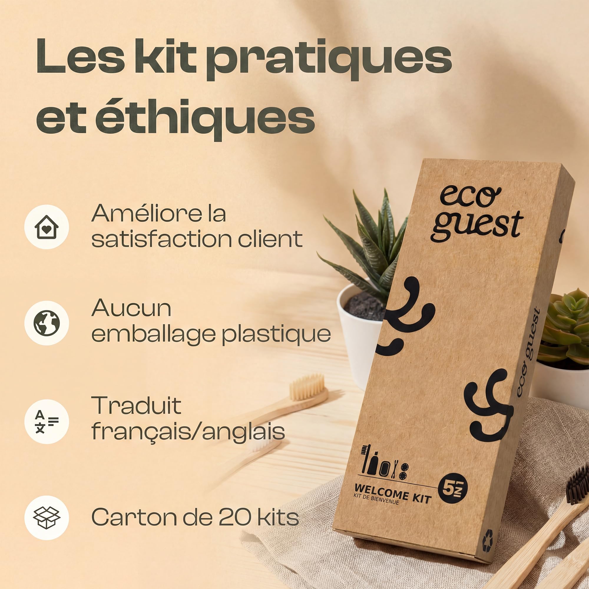 Airbnb Set mit 20 Stück – Badezimmer Hotel 5 in 1 – Zahnbürste Bambus, handgefertigte Seife, Zahnpasta – umweltfreundliche Produkte hergestellt in Frankreich EcoGuest