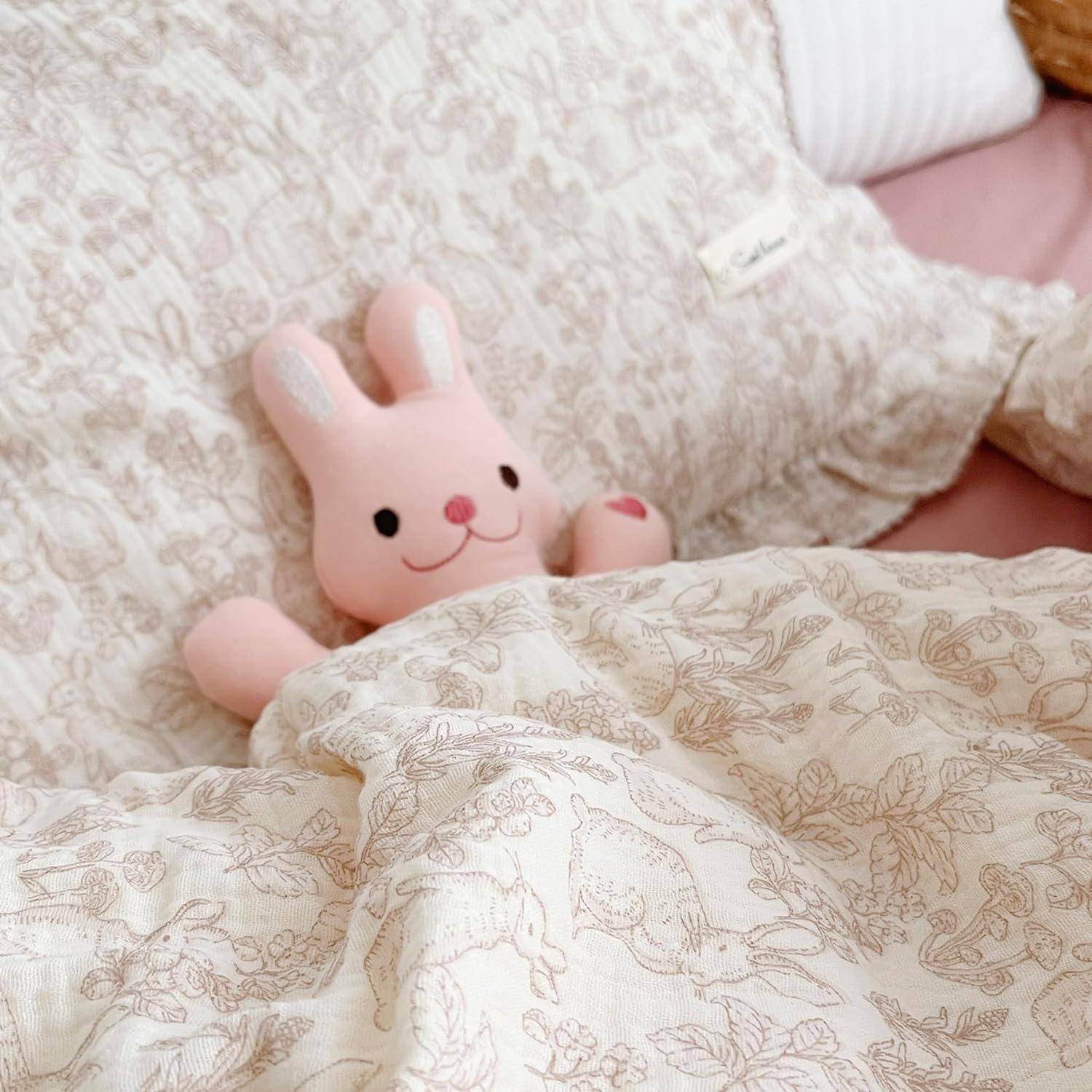BuLuTu Muslin Pillowcase 1 Pack & Crib Sheets 2 Pack for Baby Girls Boys, Forest Rabbit Print