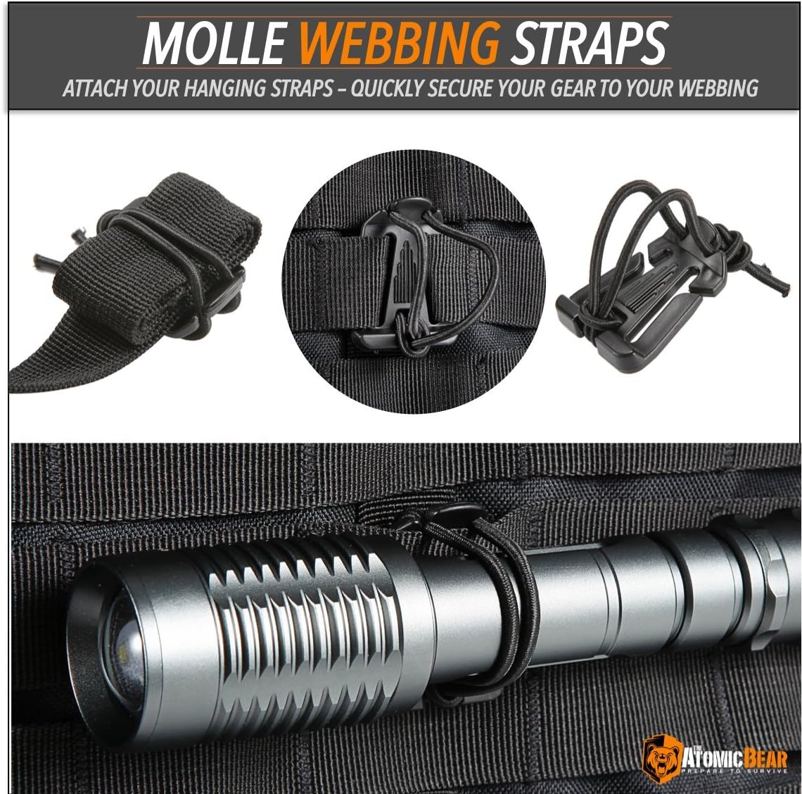 The Atomic Bear Molle Kit of 11 Attachments for 1 inch Molle Webbing Bags, Tactical Backpacks & Vests