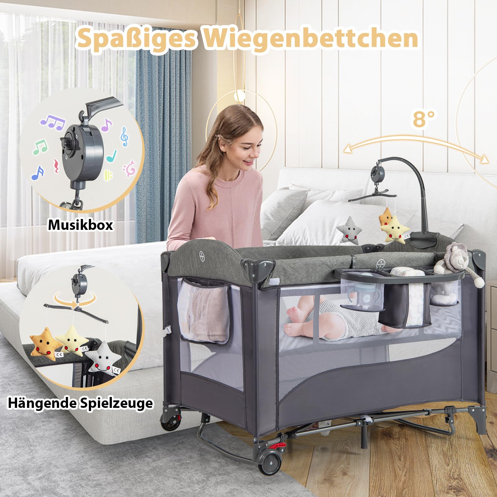 DREAMADE Reisebett mit Matratze, 5 in 1 Beistellbett Baby mit Rollen & Wickelauflage & Spieluhr, 110×76cm Babybett mit Tragetasche, Stubenwagen für Neugeborene & Baby (Grün)